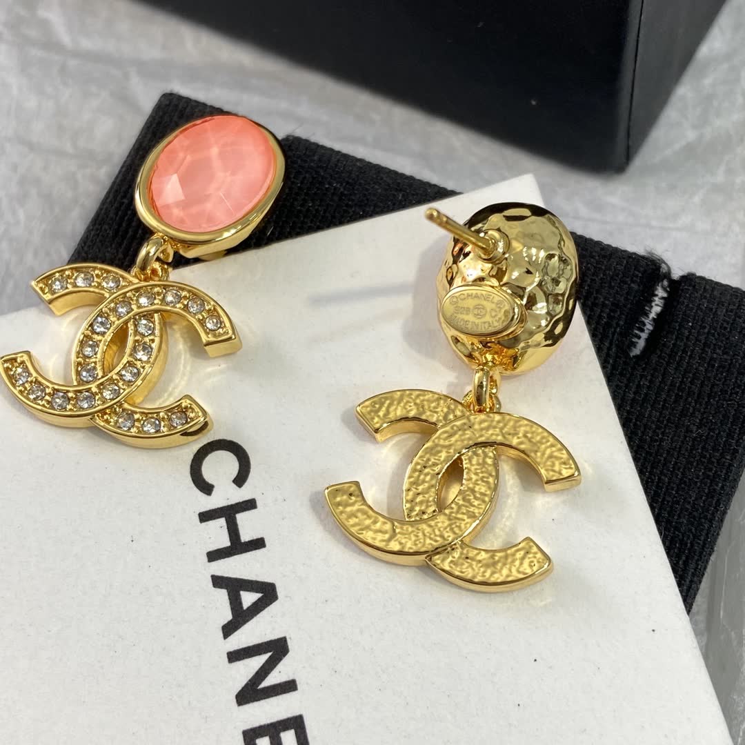 Chanel CC Logo Earrings with Pink Stones