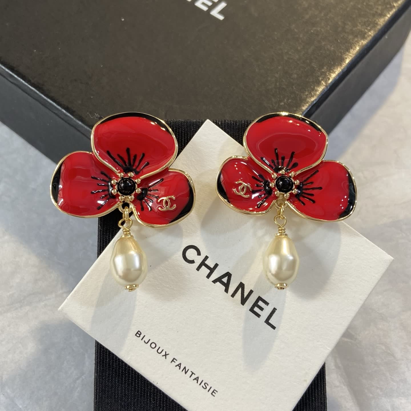 Chanel Enamel Flower Earrings with Pearl Drop