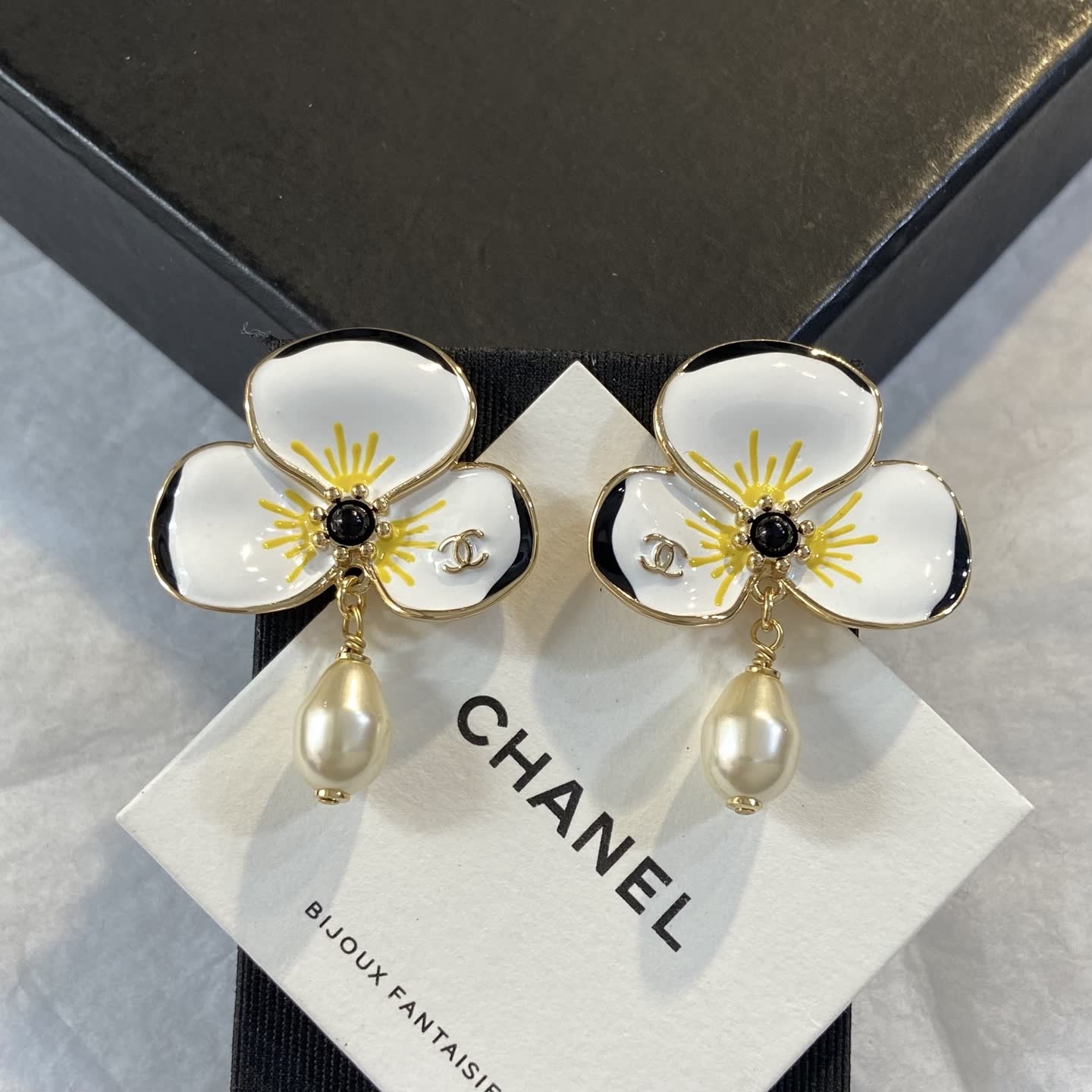 Chanel Enamel Flower Earrings with Pearl Drop