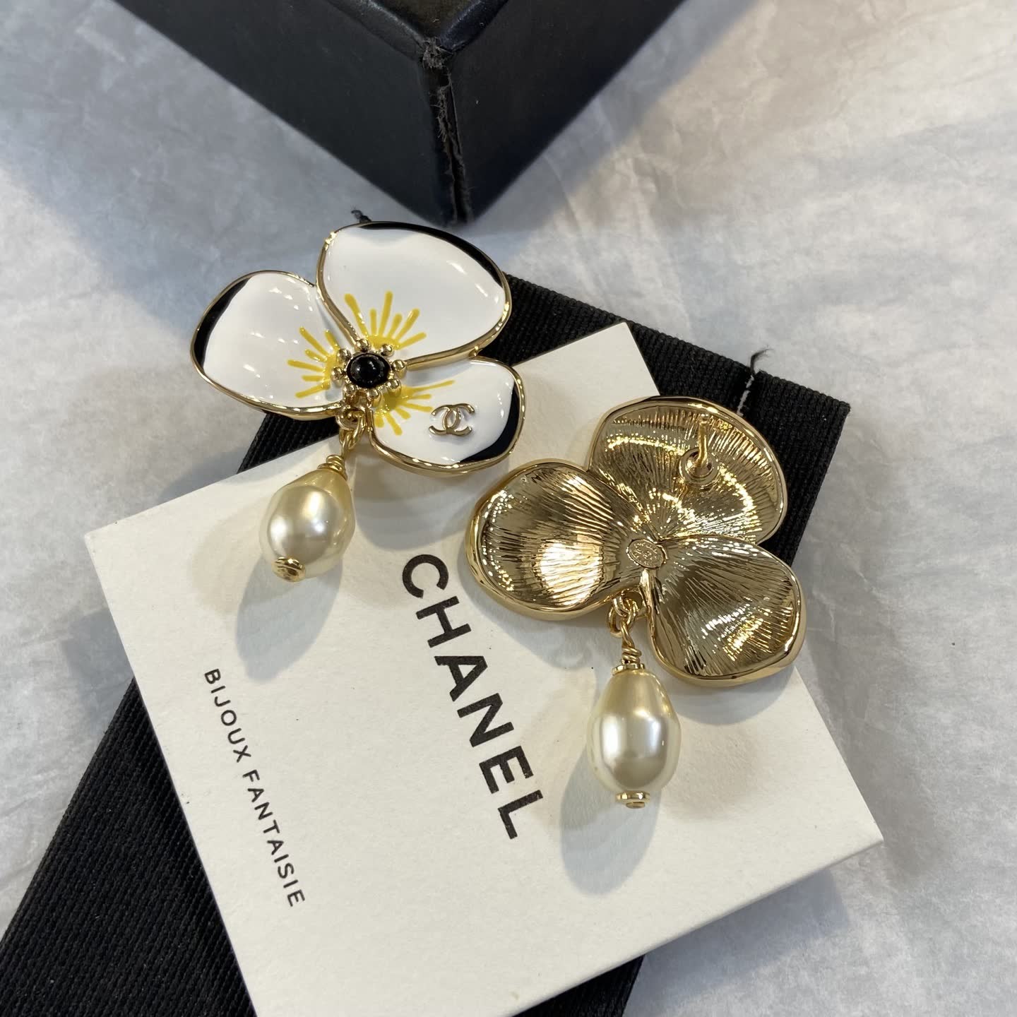 Chanel Enamel Flower Earrings with Pearl Drop
