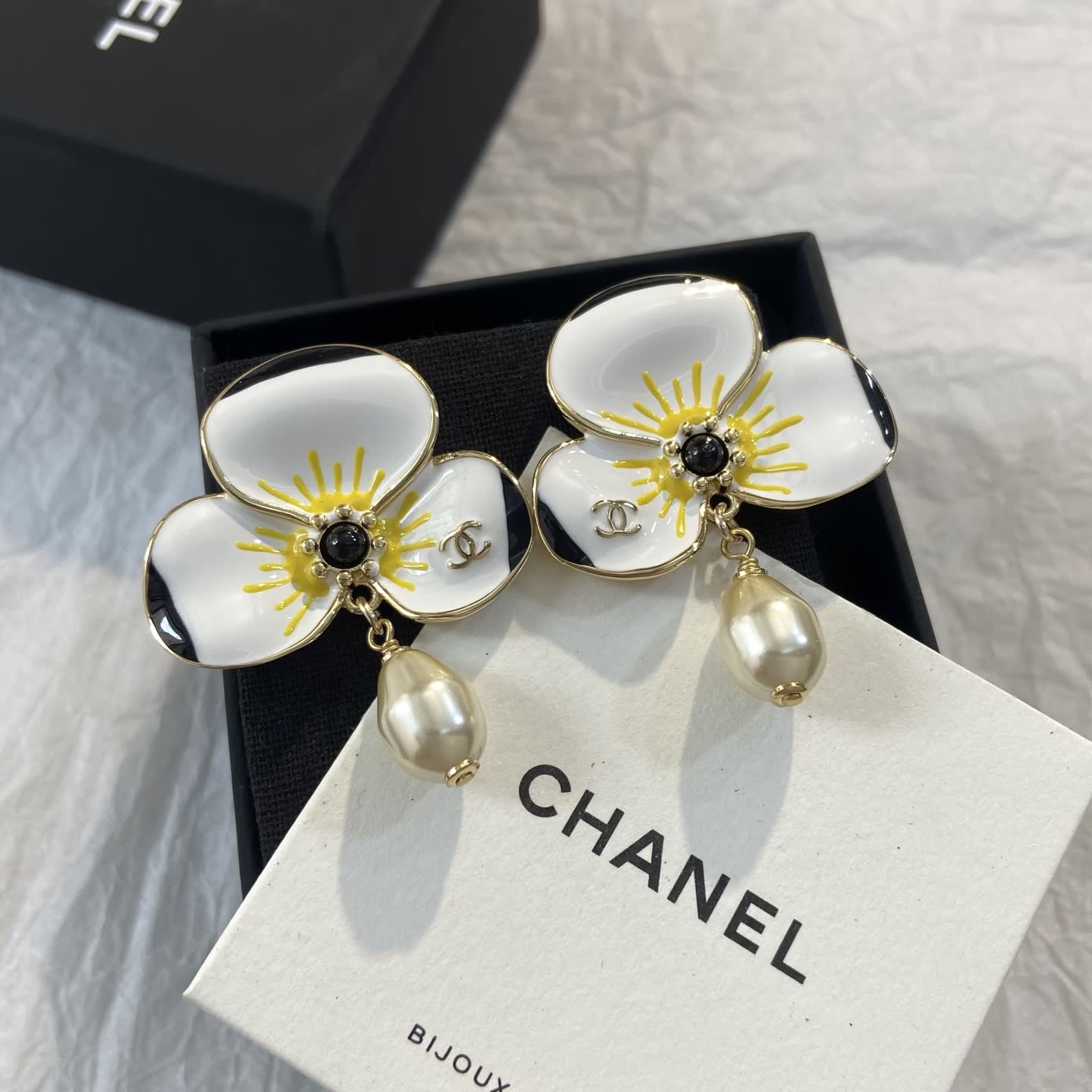 Chanel White Enamel Flower Earrings with Pearl Tassel Chanel White Enamel Flower Earrings with Pearl Tassel