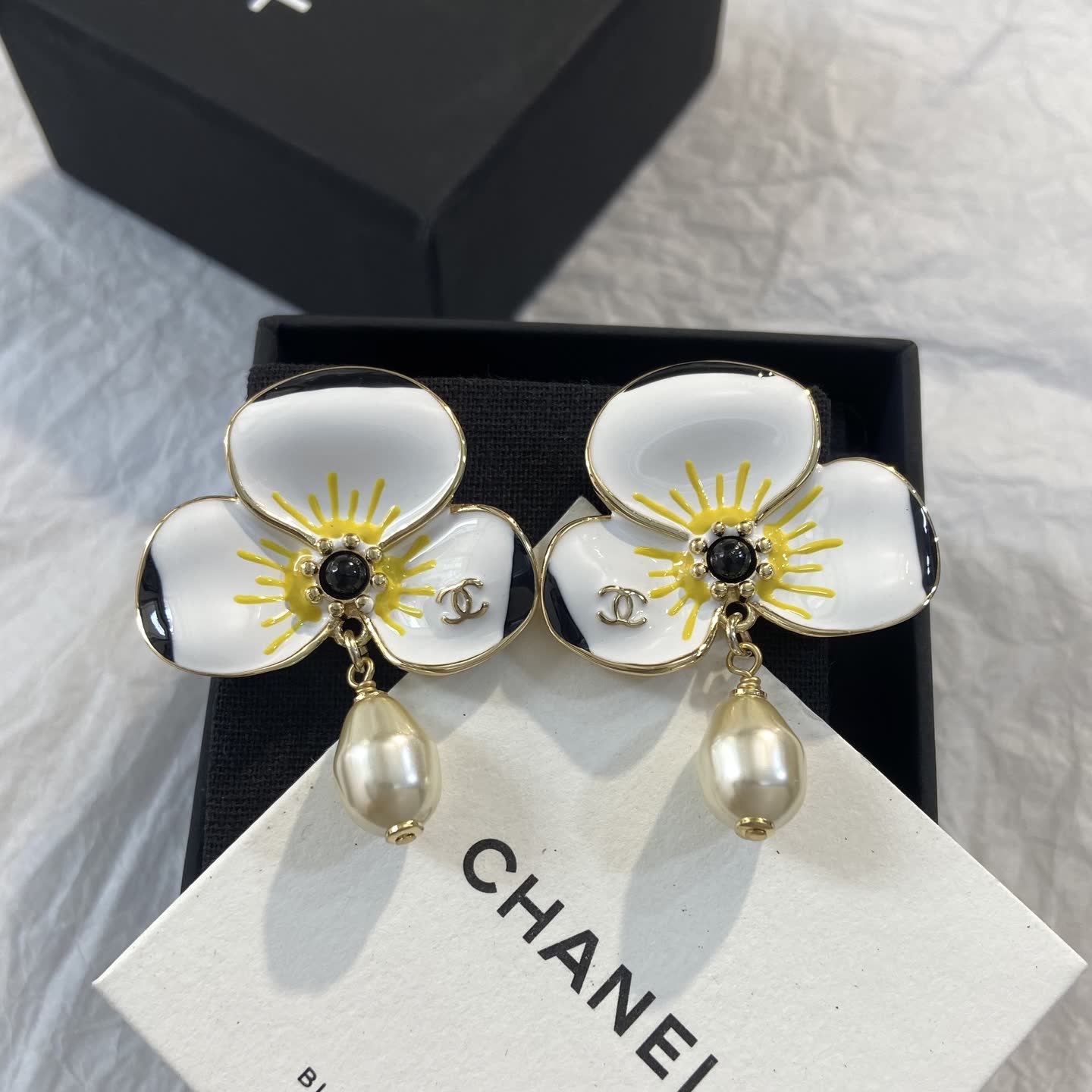 Chanel White Enamel Flower Earrings with Pearl Tassel