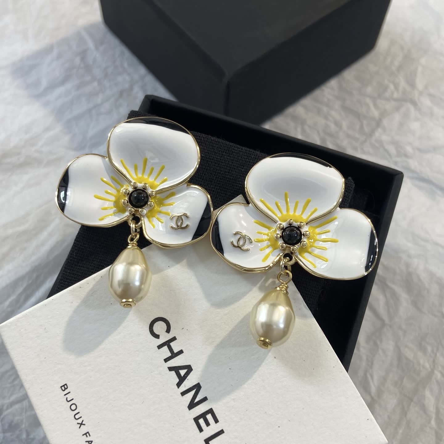 Chanel White Enamel Flower Earrings with Pearl Tassel