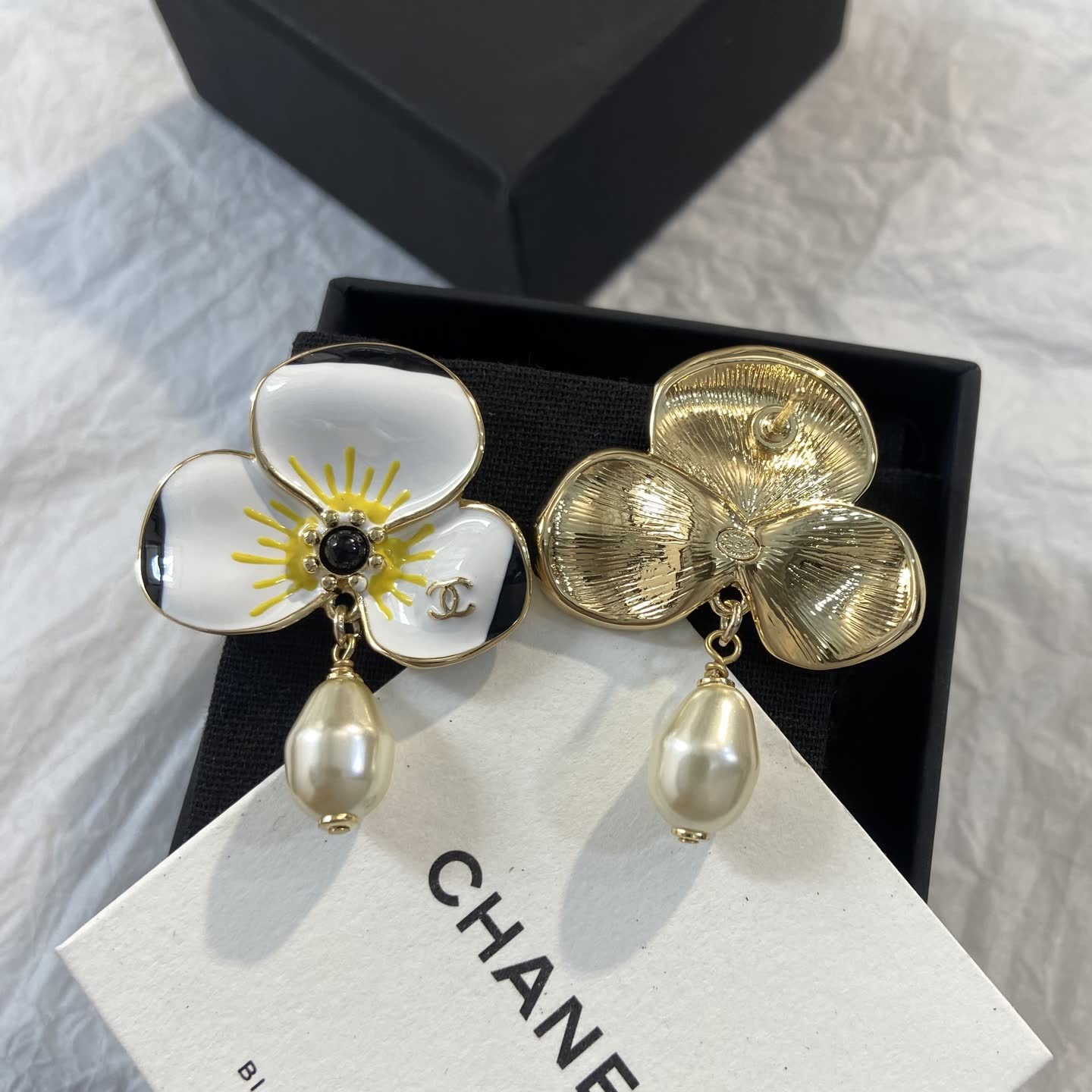 Chanel White Enamel Flower Earrings with Pearl Tassel