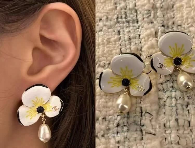 Chanel White Enamel Flower Earrings with Pearl Tassel
