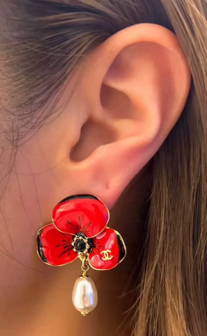 Chanel White Enamel Flower Earrings with Pearl Tassel