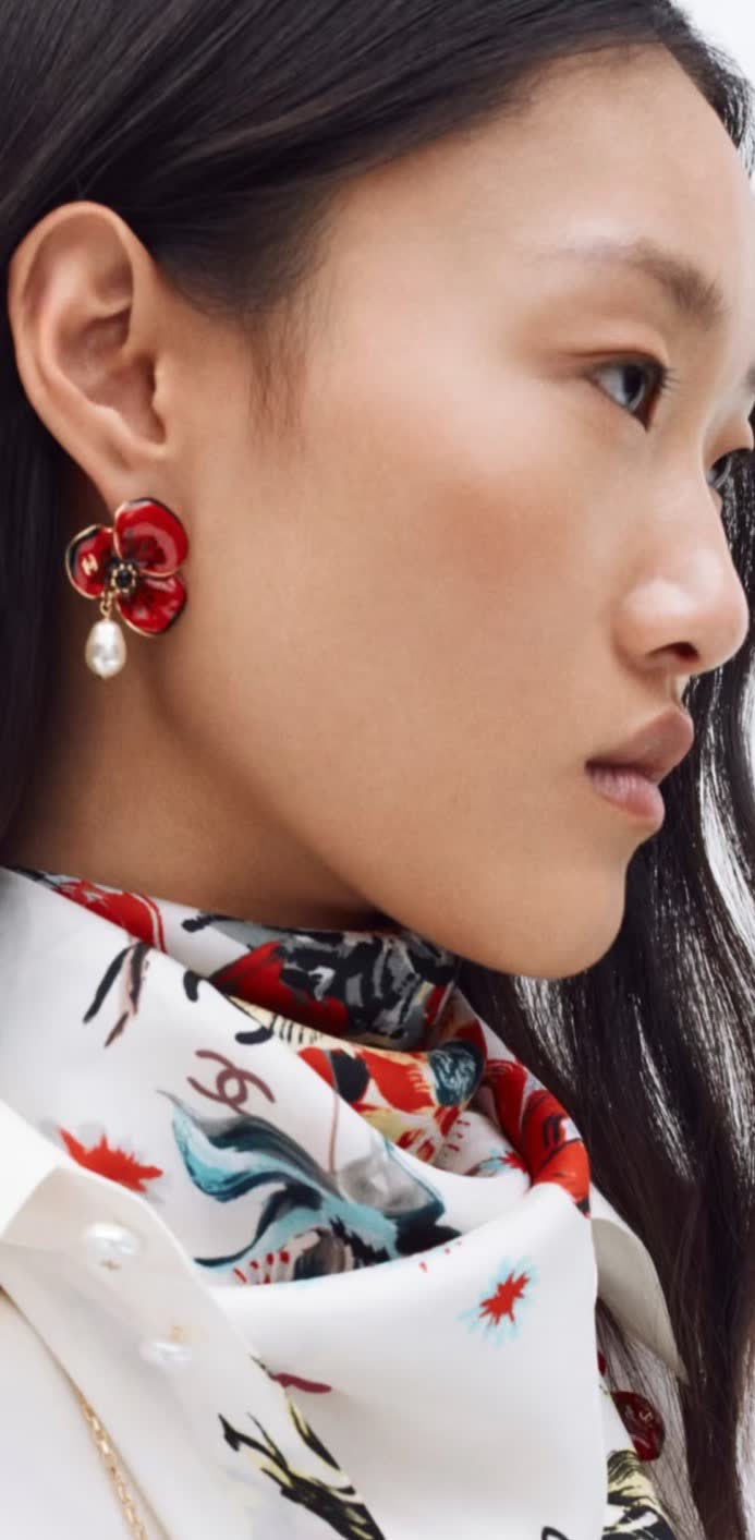 Chanel White Enamel Flower Earrings with Pearl Tassel