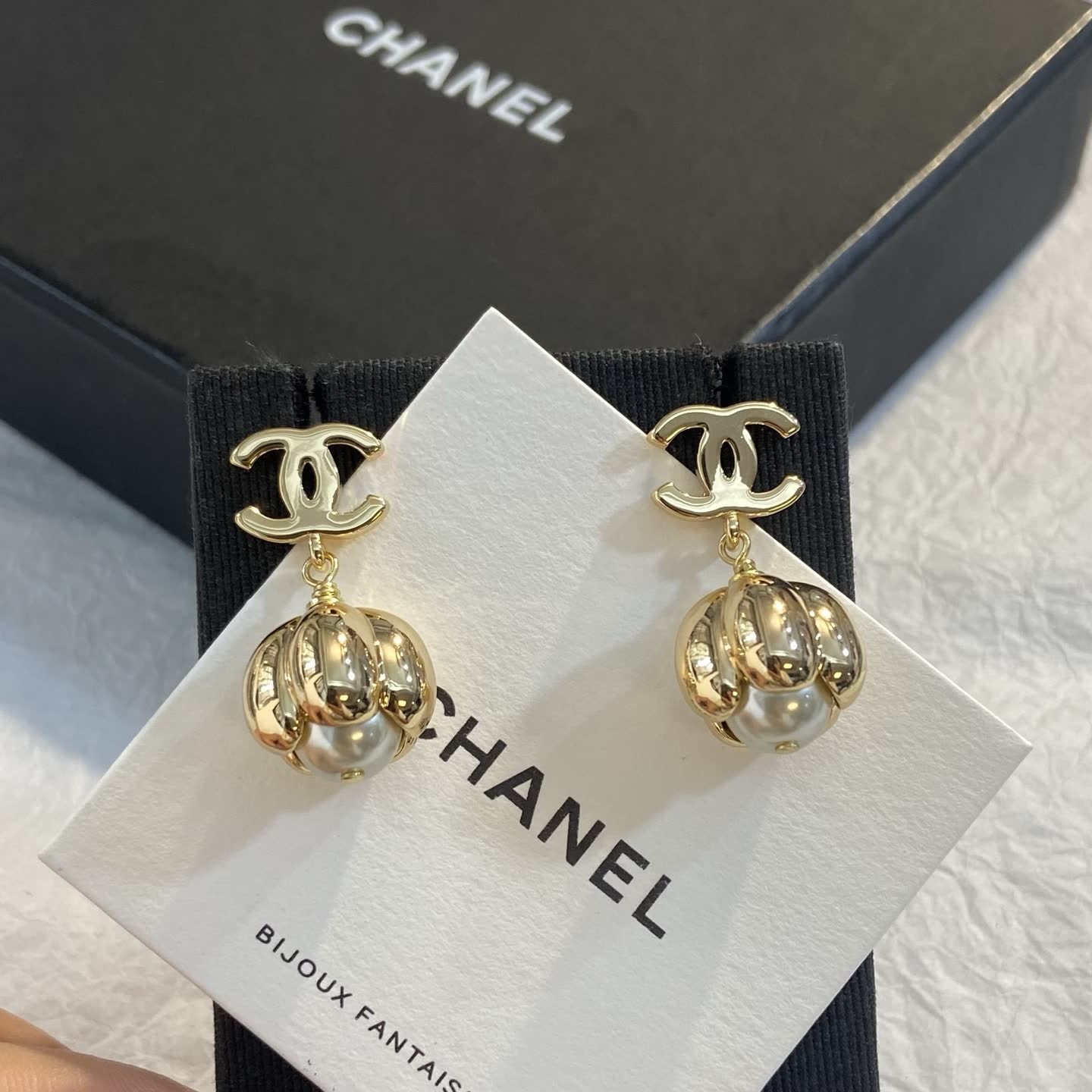 Chanel Gold CC Logo Pearl Earrings