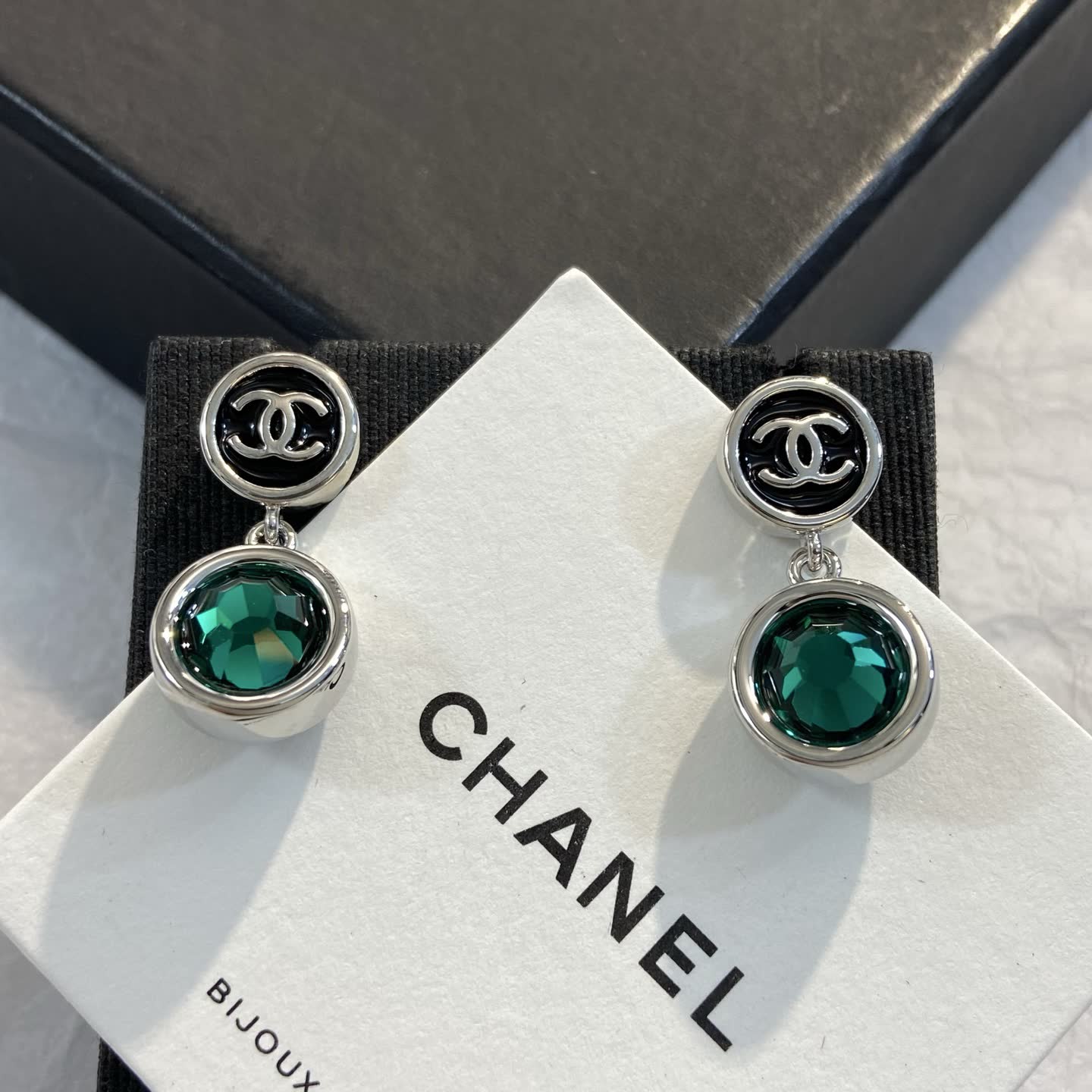 Chanel CC Logo Emerald Crystal Earrings Chanel CC Logo Emerald Crystal Earrings