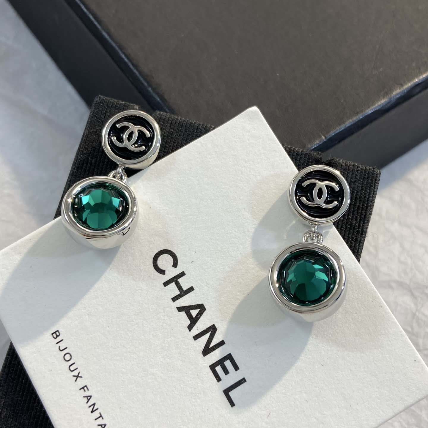 Chanel CC Logo Emerald Crystal Earrings