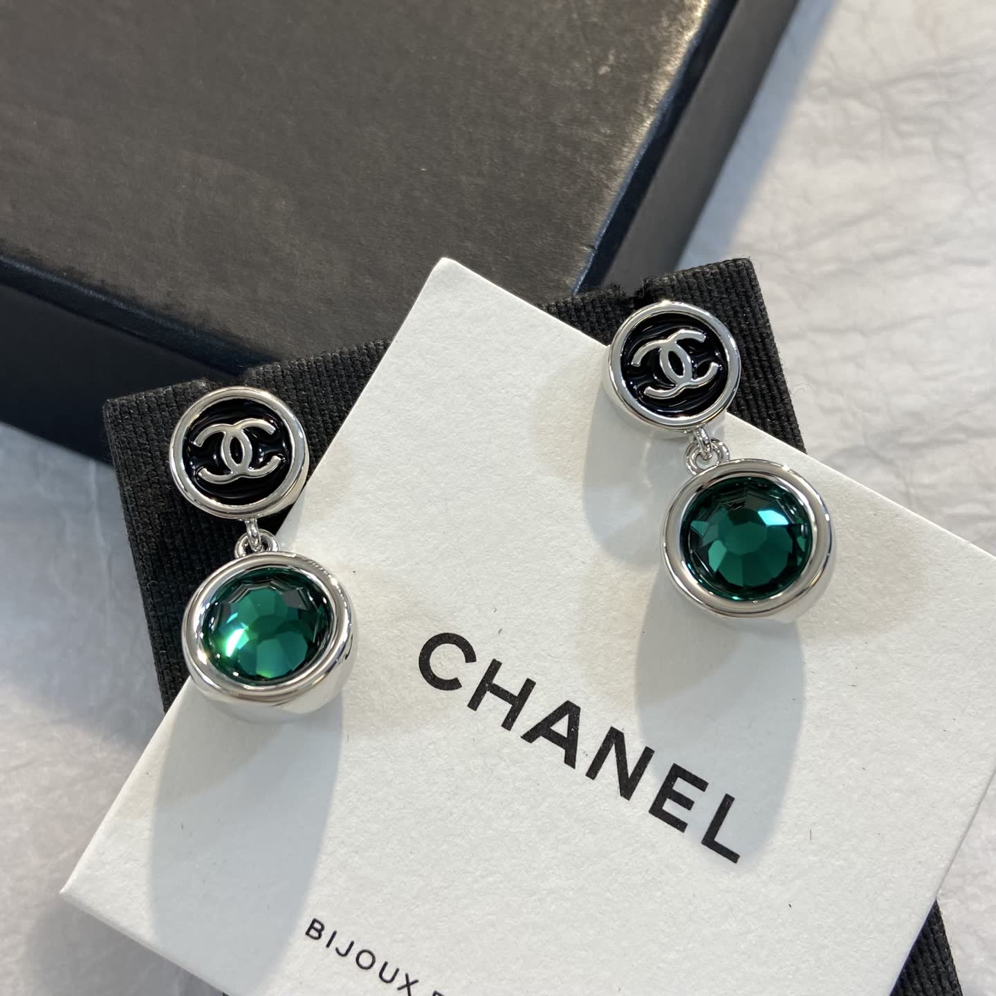 Chanel CC Logo Emerald Crystal Earrings
