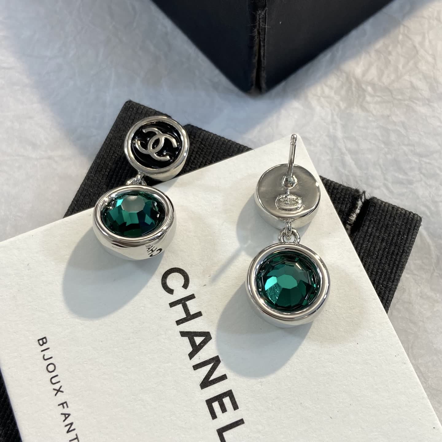 Chanel CC Logo Emerald Crystal Earrings