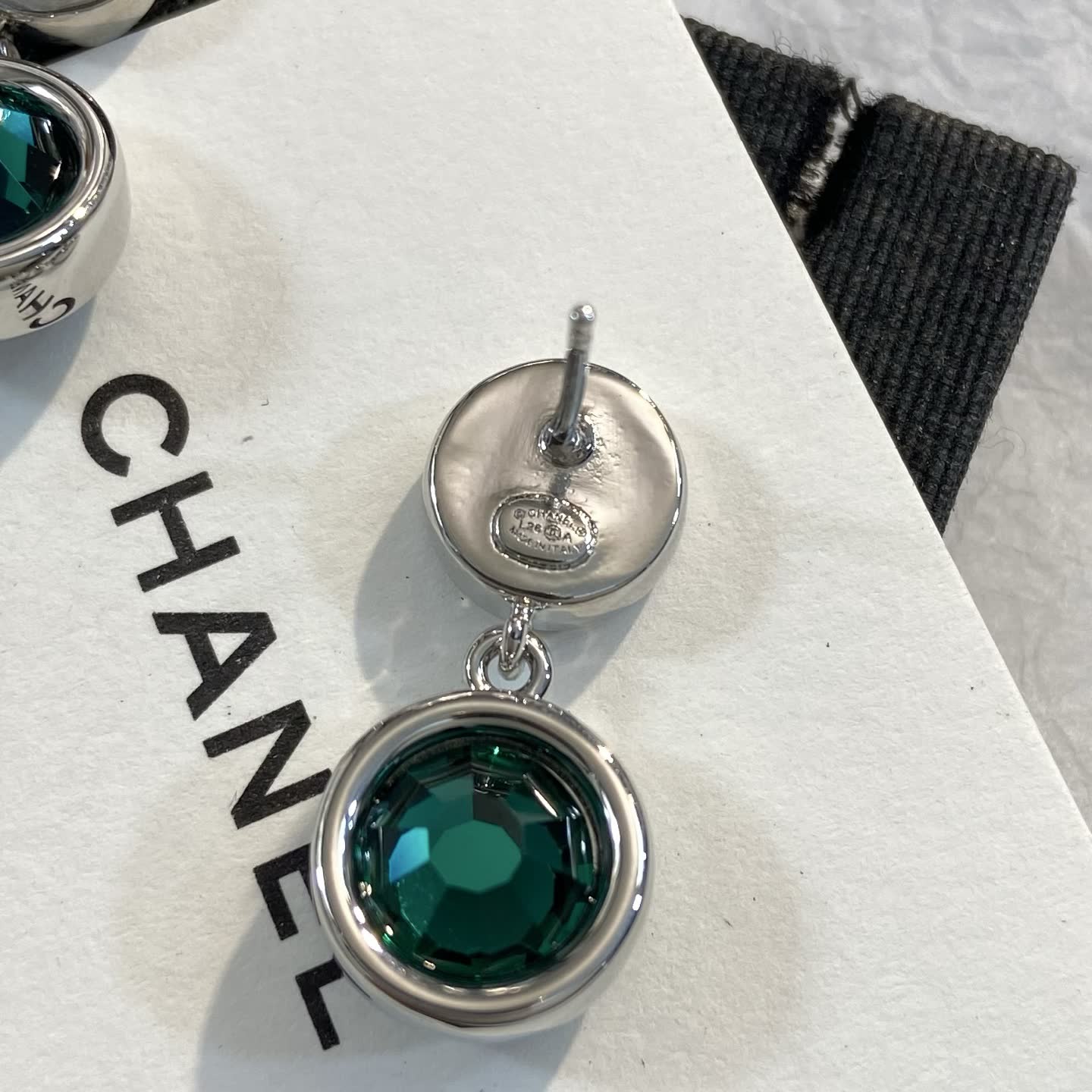 Chanel CC Logo Emerald Crystal Earrings