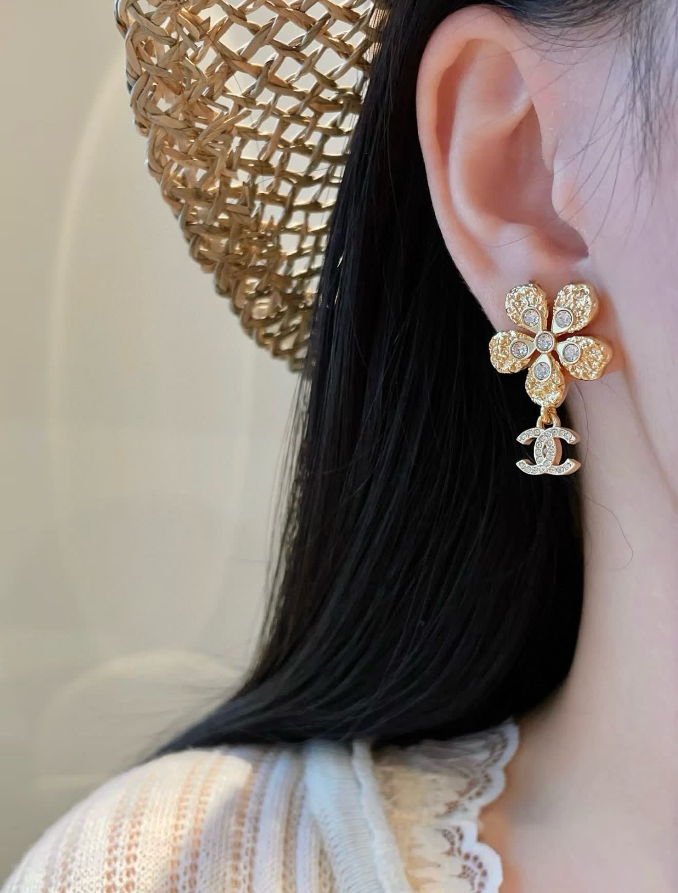 Chanel Gold-tone Crystal Flower Earrings