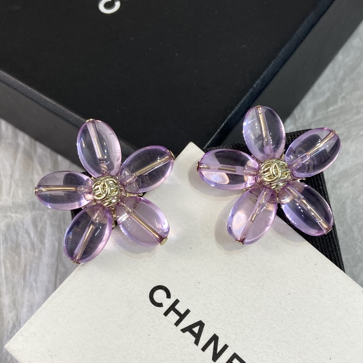 Chanel Purple Crystal Flower Earrings