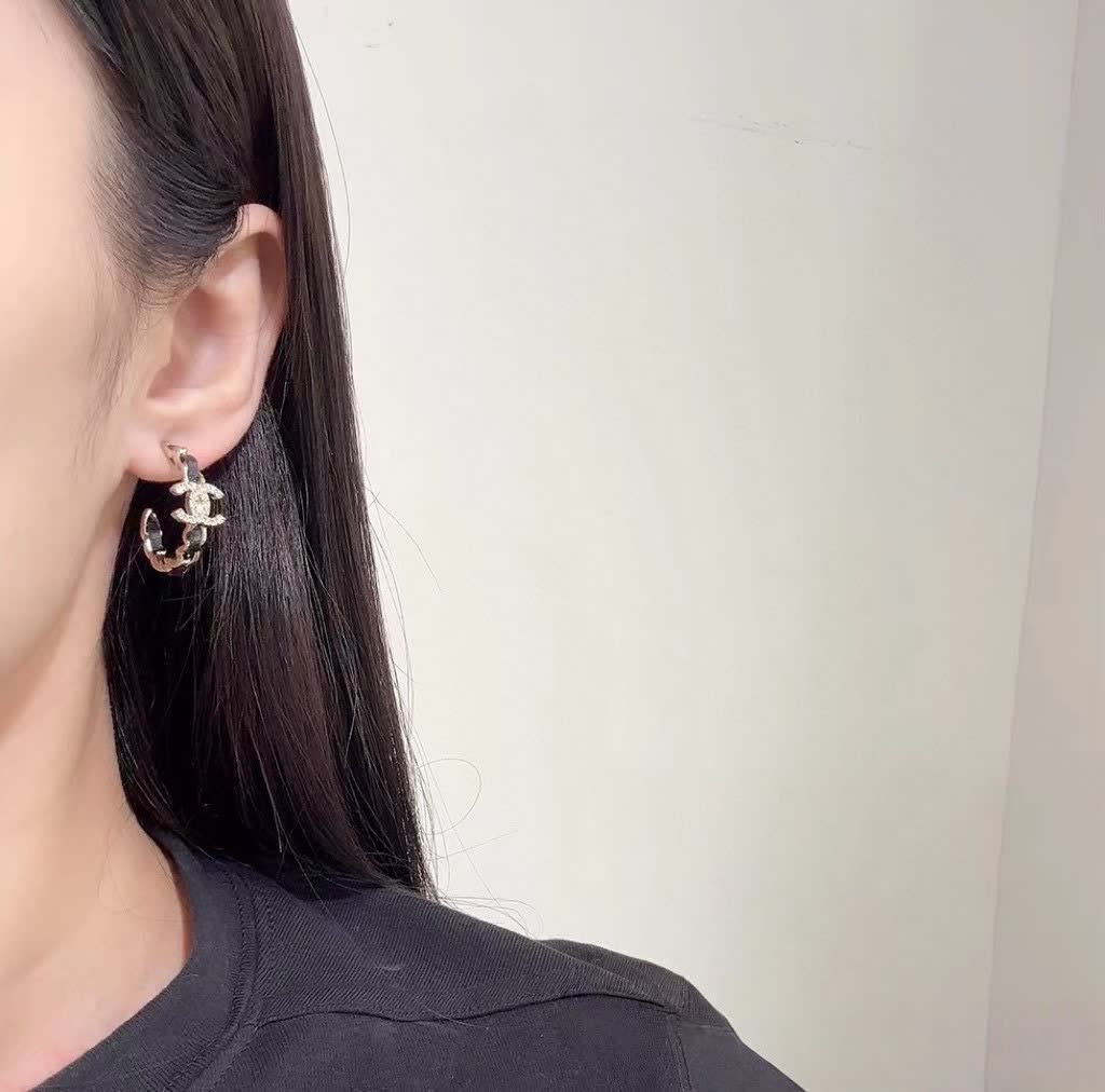 Chanel CC Logo Crystal Hoop Earrings