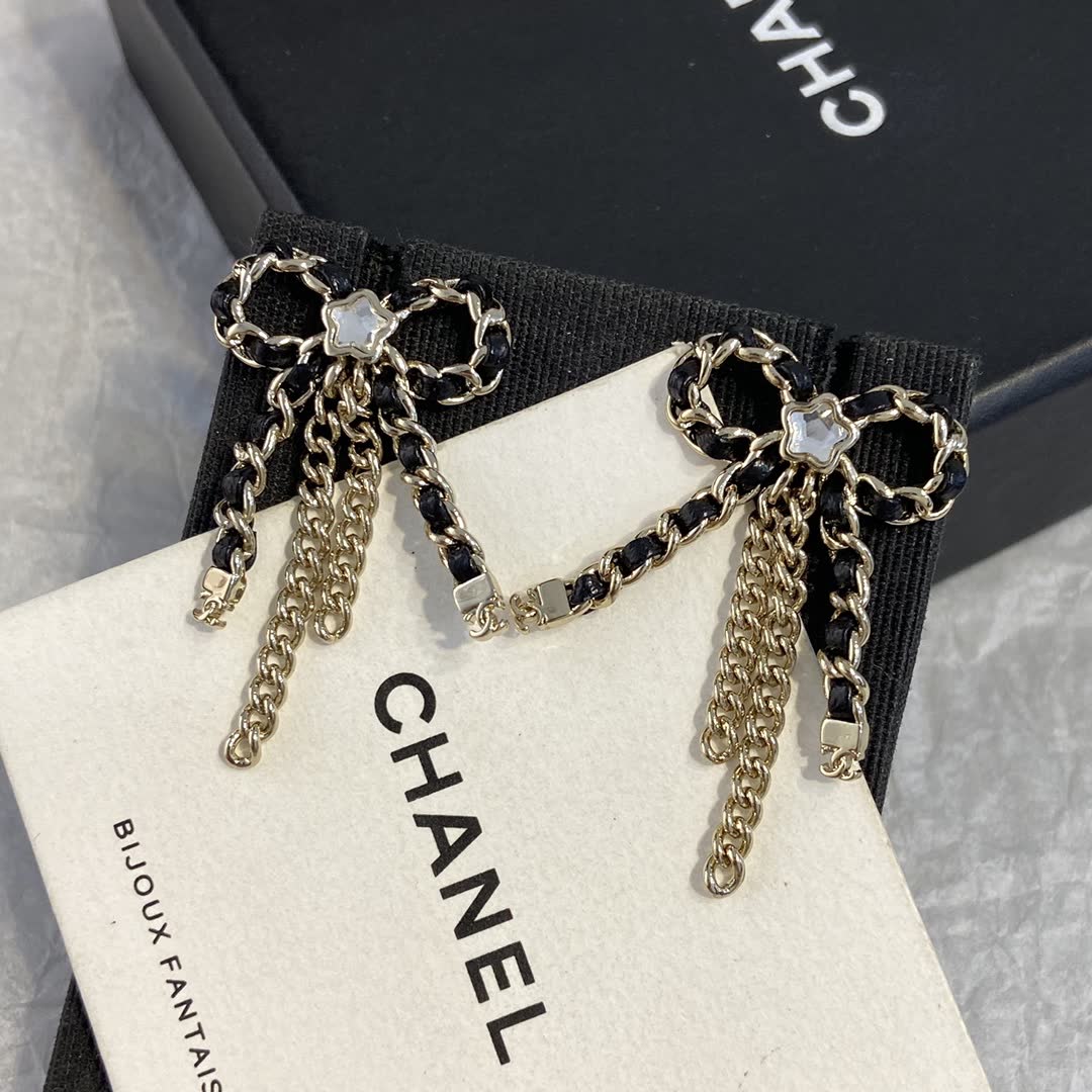 Chanel Black and Gold Chain Bow Earrings