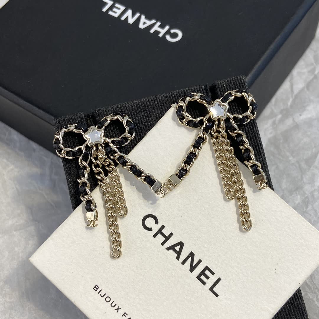 Chanel Black and Gold Chain Bow Earrings