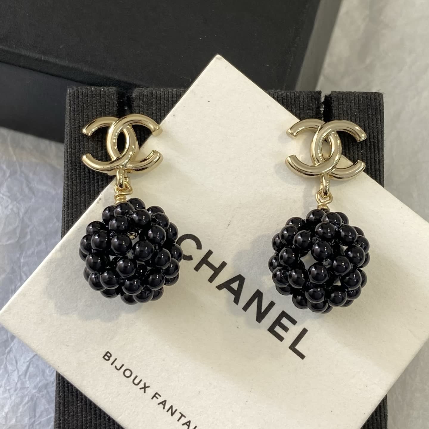 Chanel CC Logo Black Bead Earrings Chanel CC Logo Black Bead Earrings