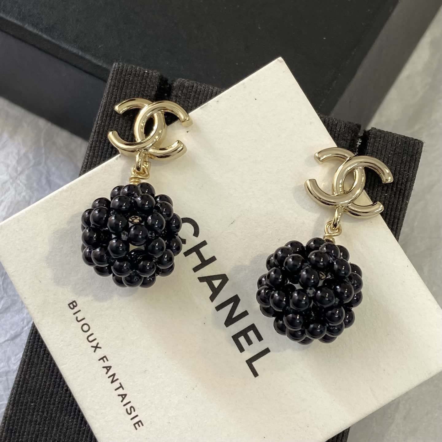 Chanel CC Logo Black Bead Earrings