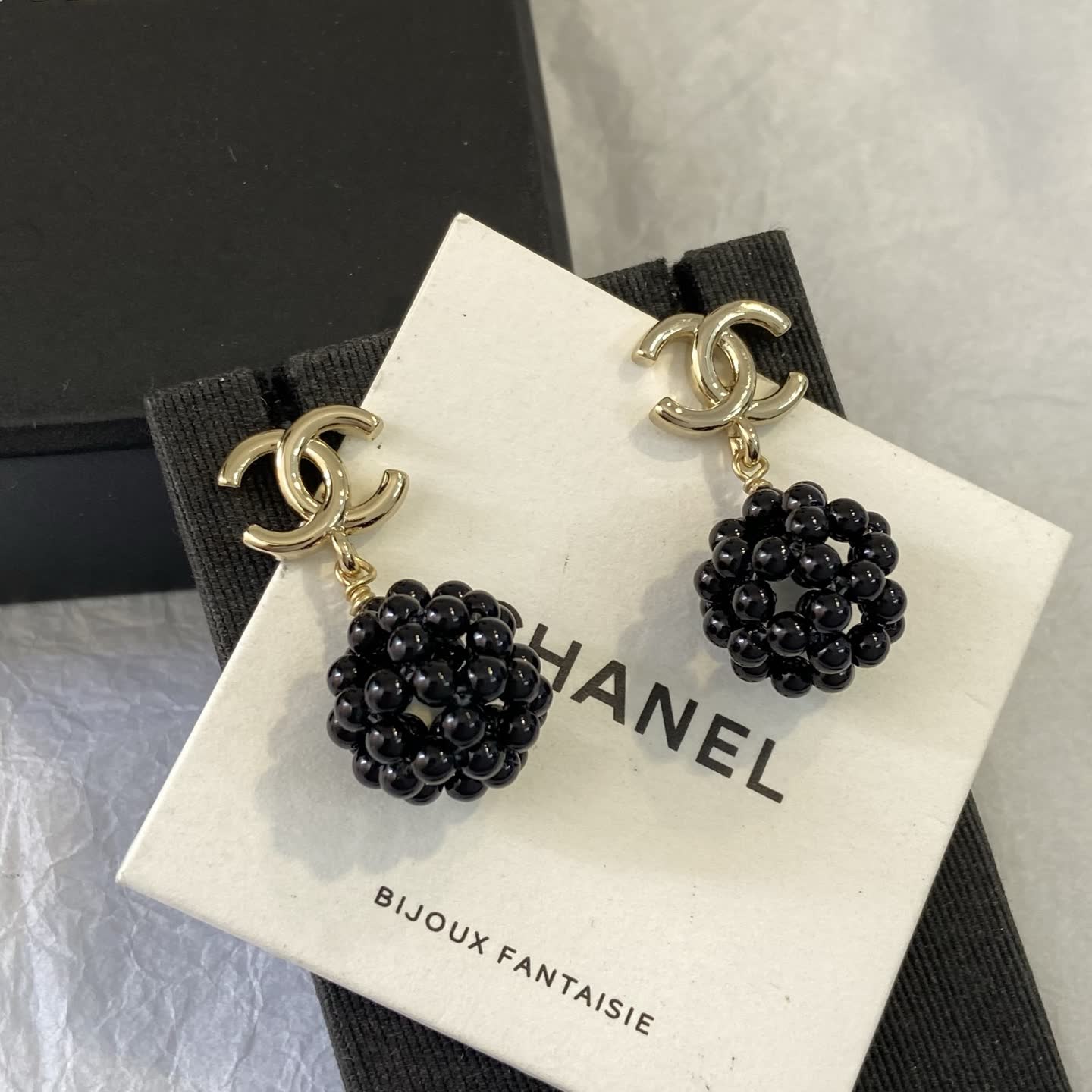 Chanel CC Logo Black Bead Earrings