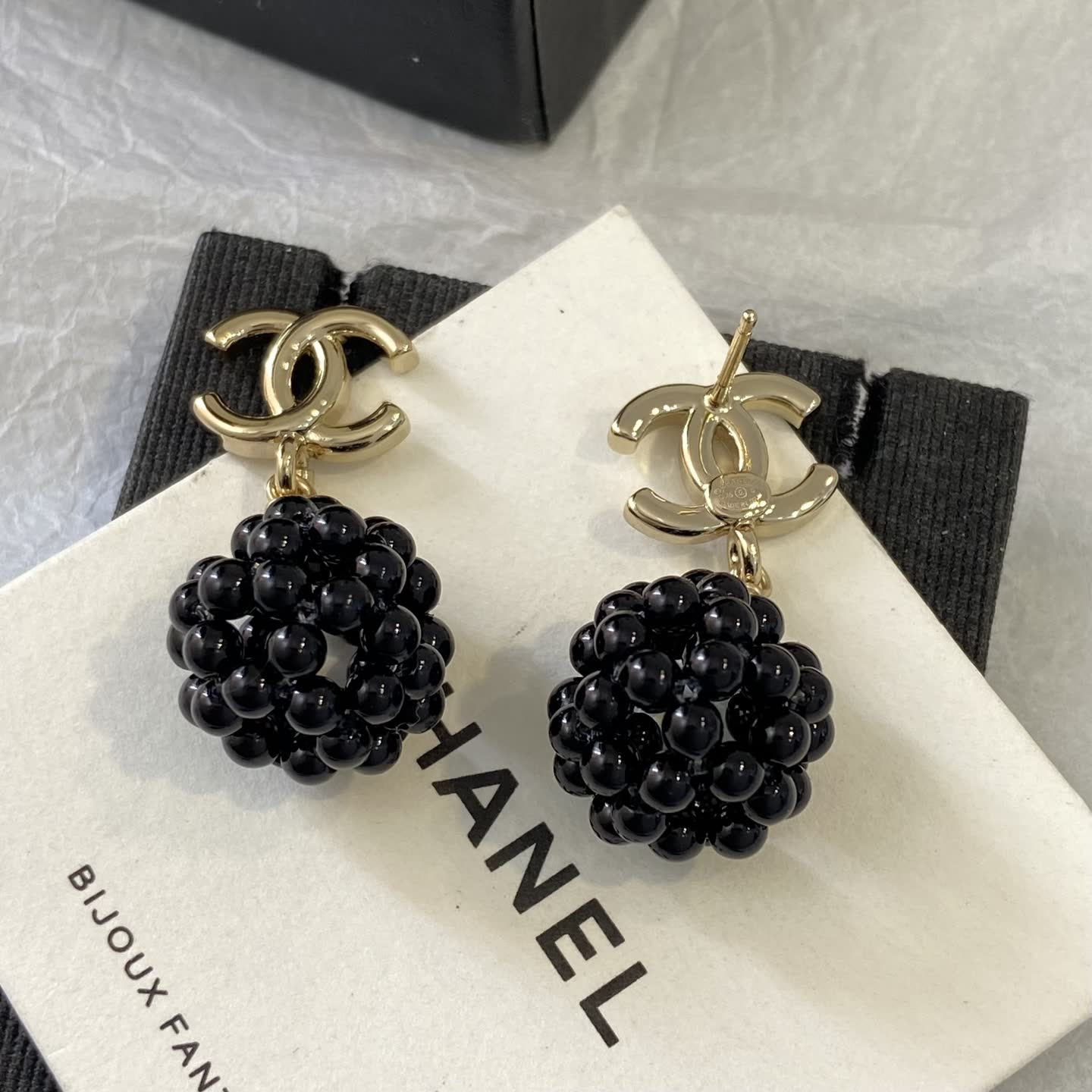 Chanel CC Logo Black Bead Earrings