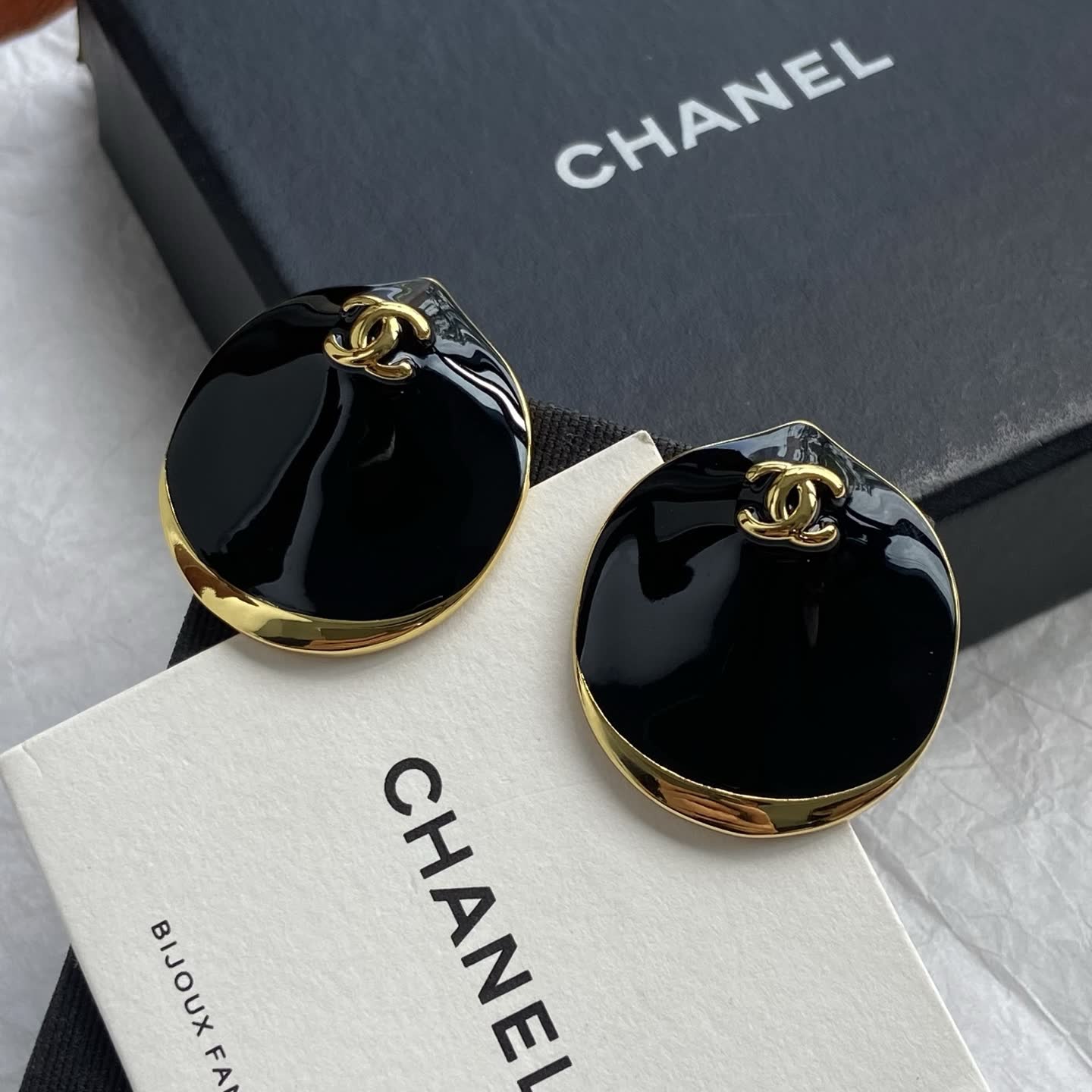 Chanel Black Enamel CC Logo Earrings