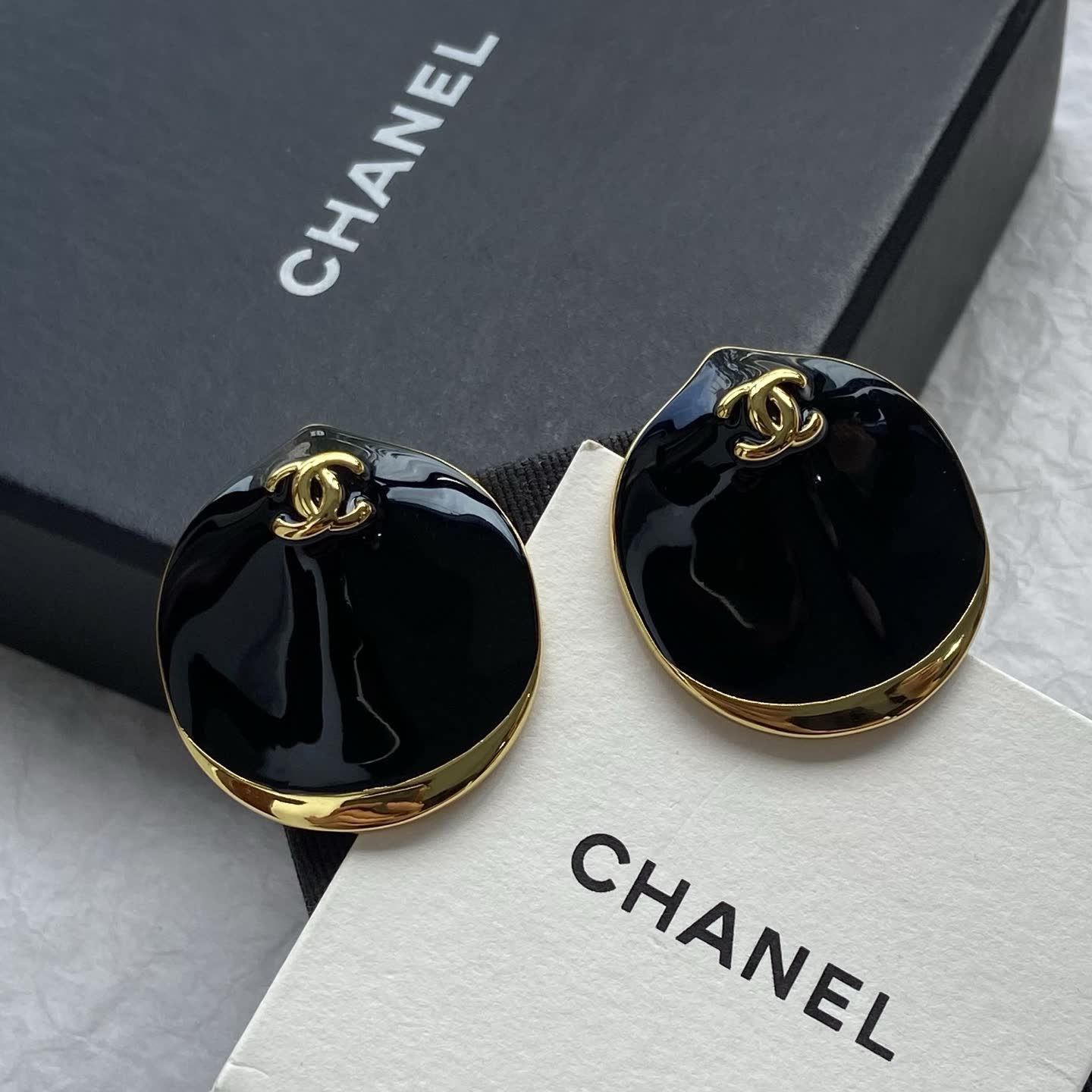 Chanel Black Enamel CC Logo Earrings