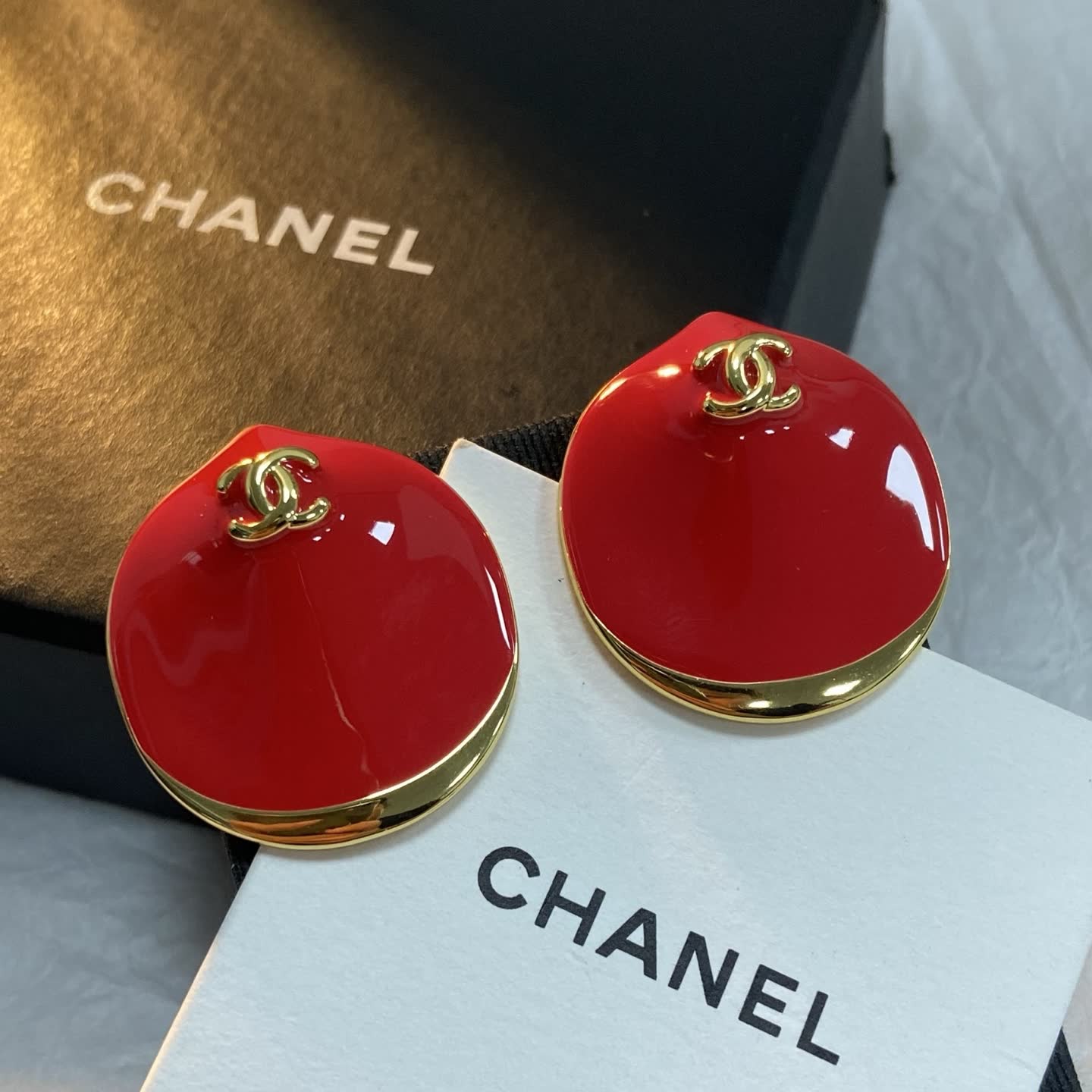 Chanel Red Enamel CC Logo Earrings
