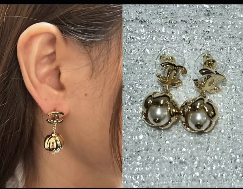 Chanel Gold CC Logo Pearl Earrings