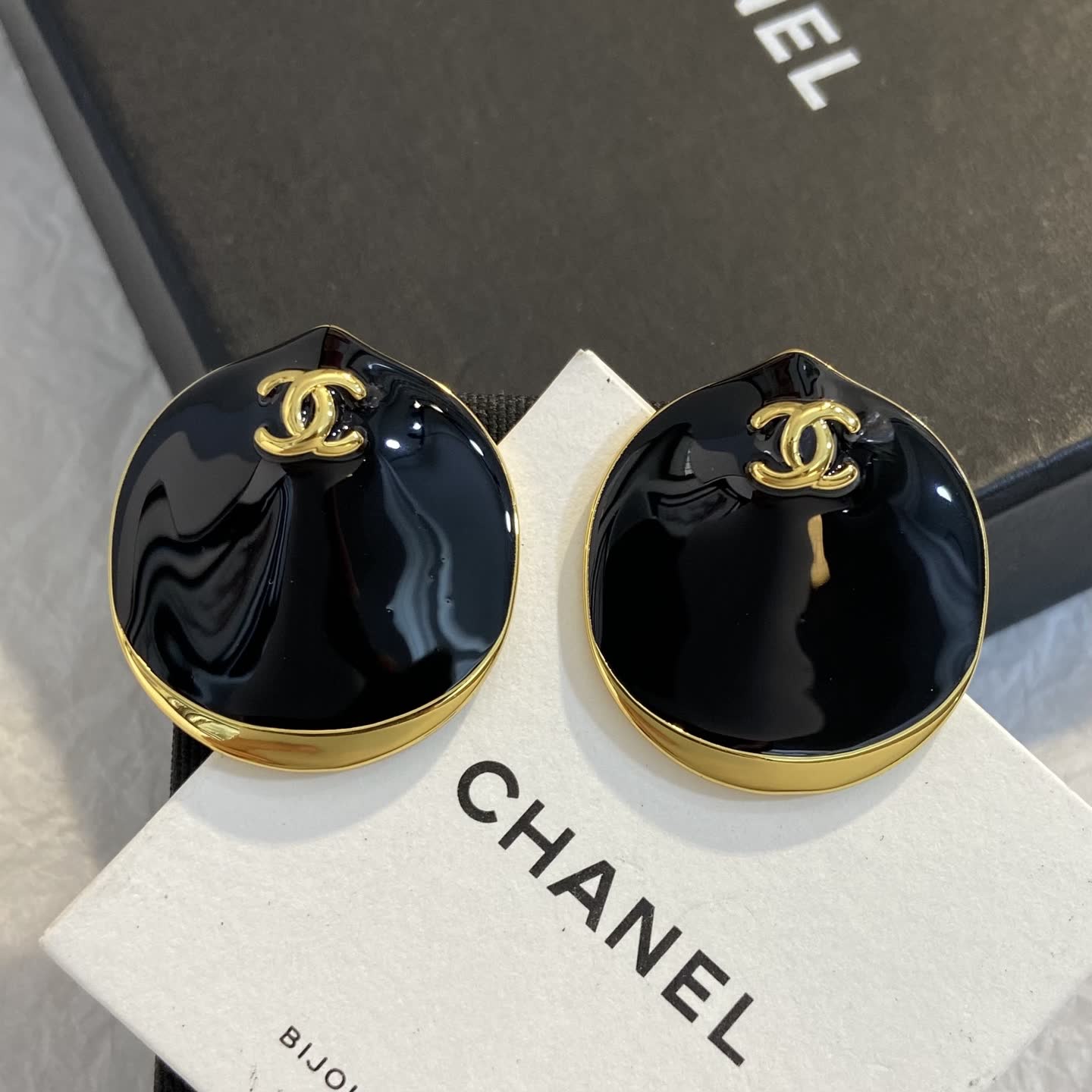 Chanel Black Enamel CC Logo Clip-On Earrings
