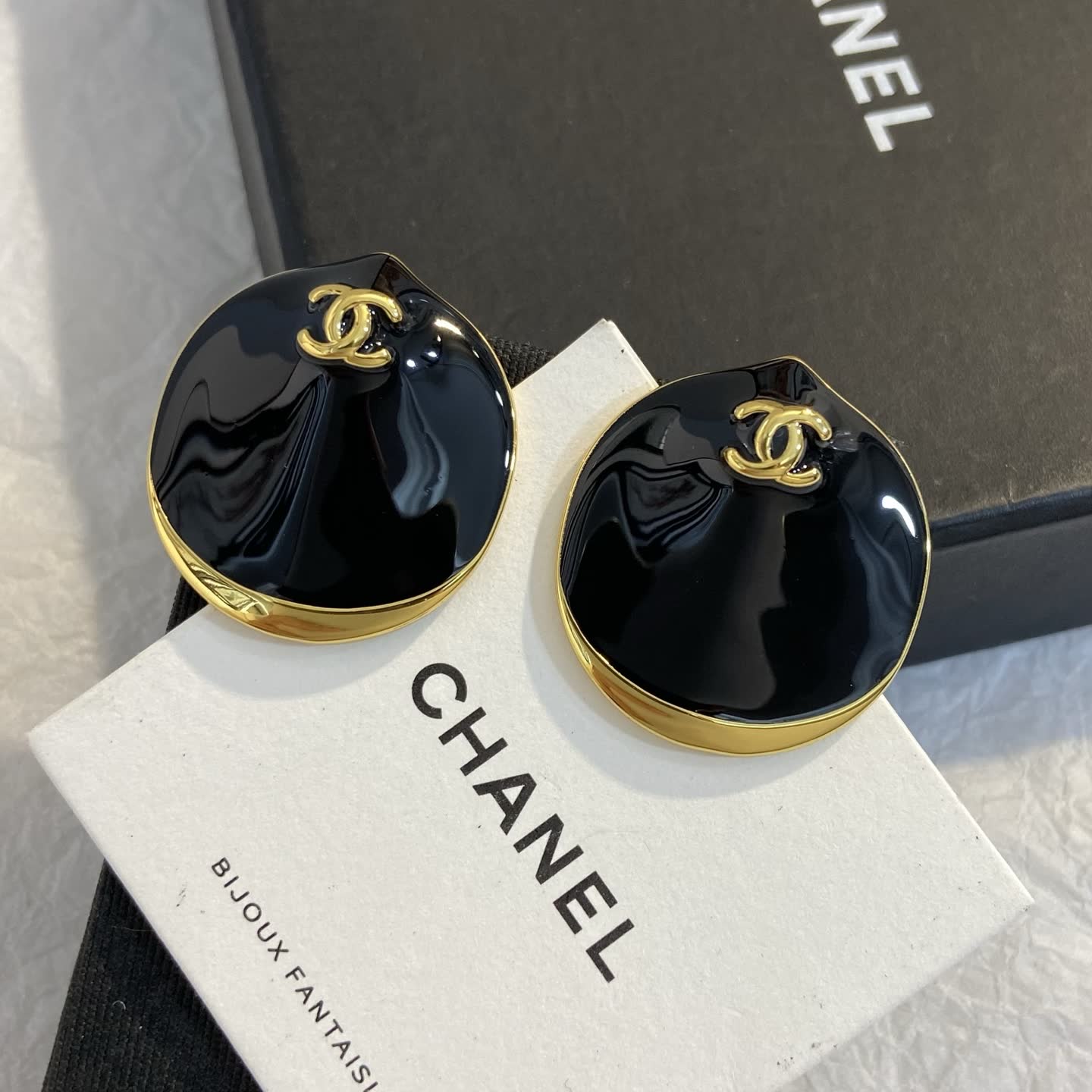 Chanel Black Enamel CC Logo Clip-On Earrings