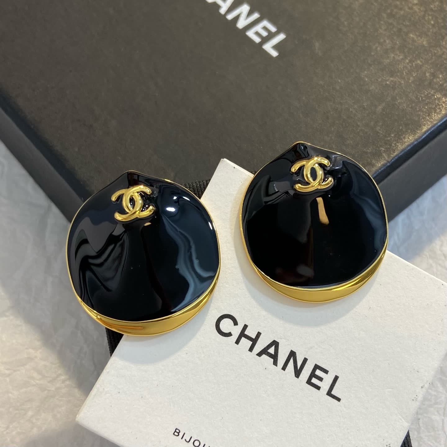 Chanel Black Enamel CC Logo Clip-On Earrings