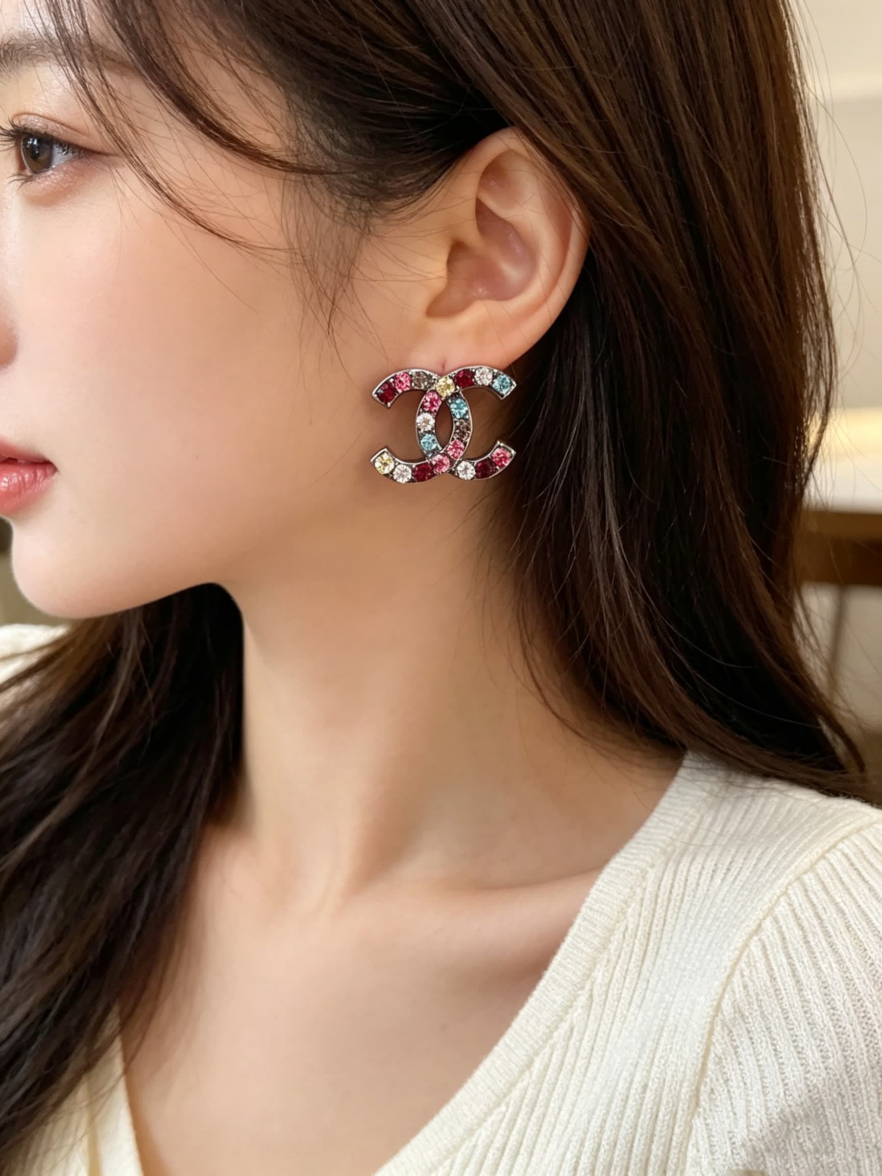 Chanel CC Logo Multicolor Crystal Earrings