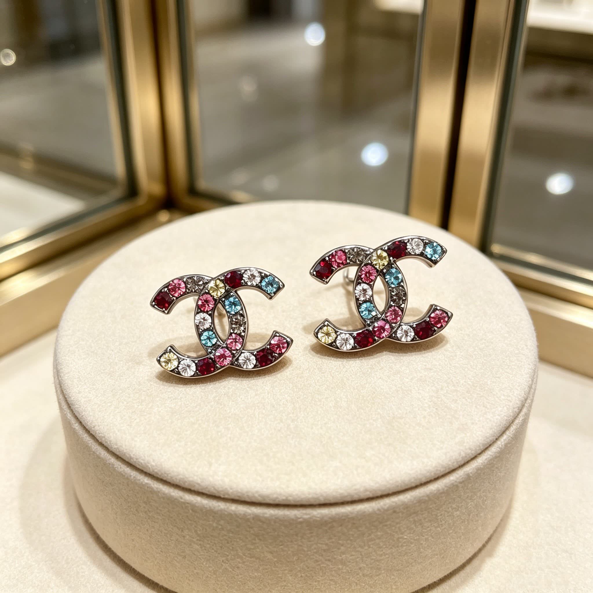 Chanel CC Logo Multicolor Crystal Earrings