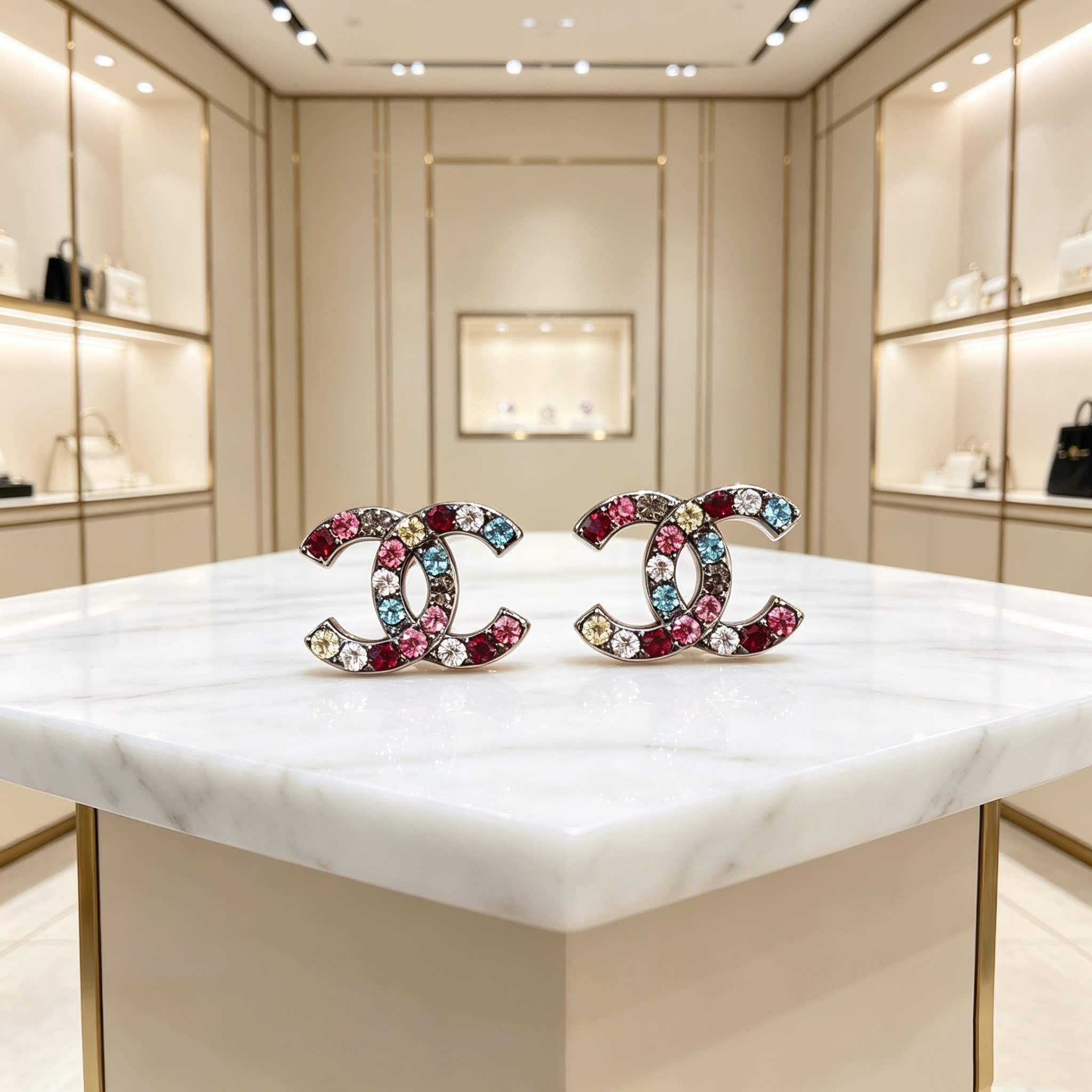 Chanel CC Logo Multicolor Crystal Earrings