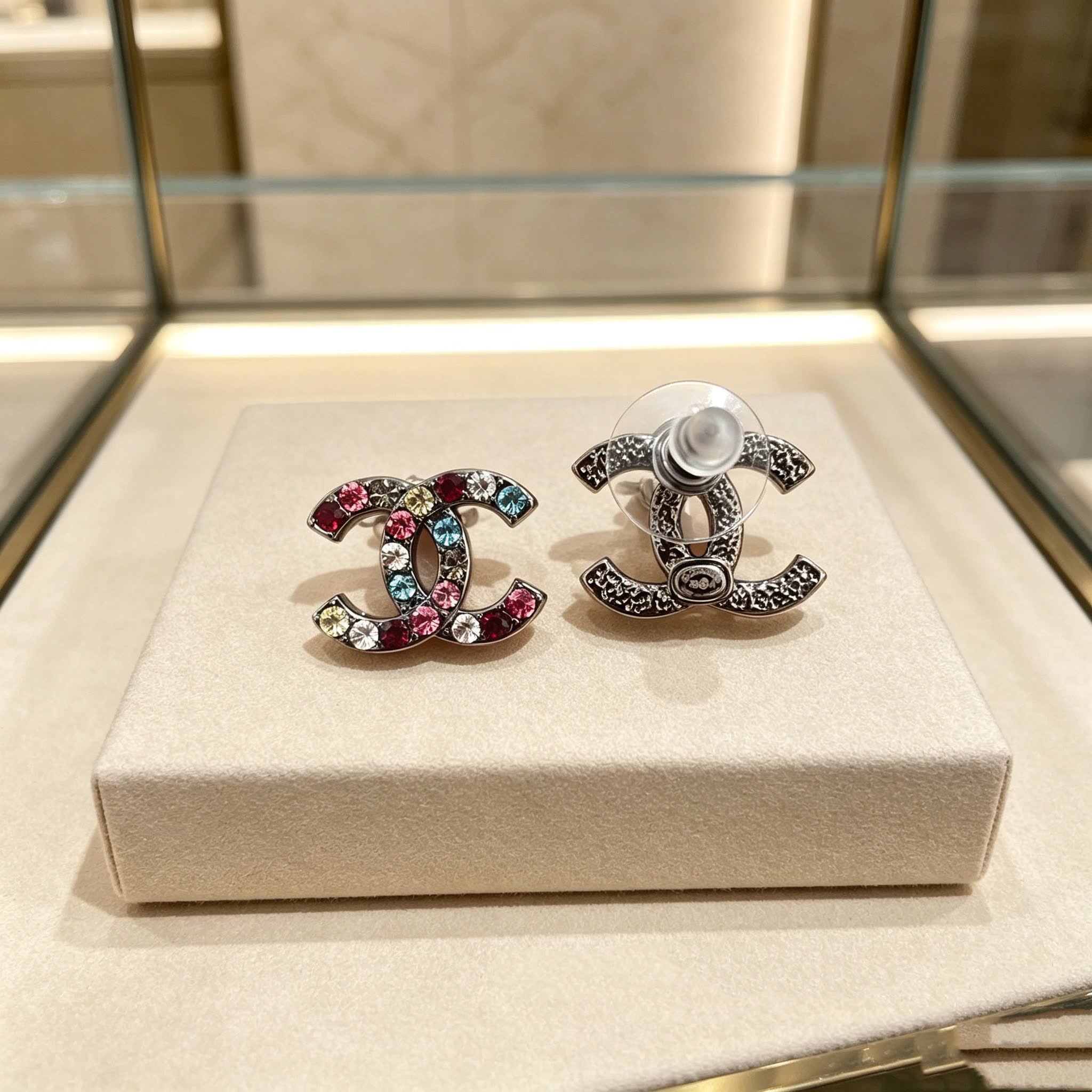 Chanel CC Logo Multicolor Crystal Earrings