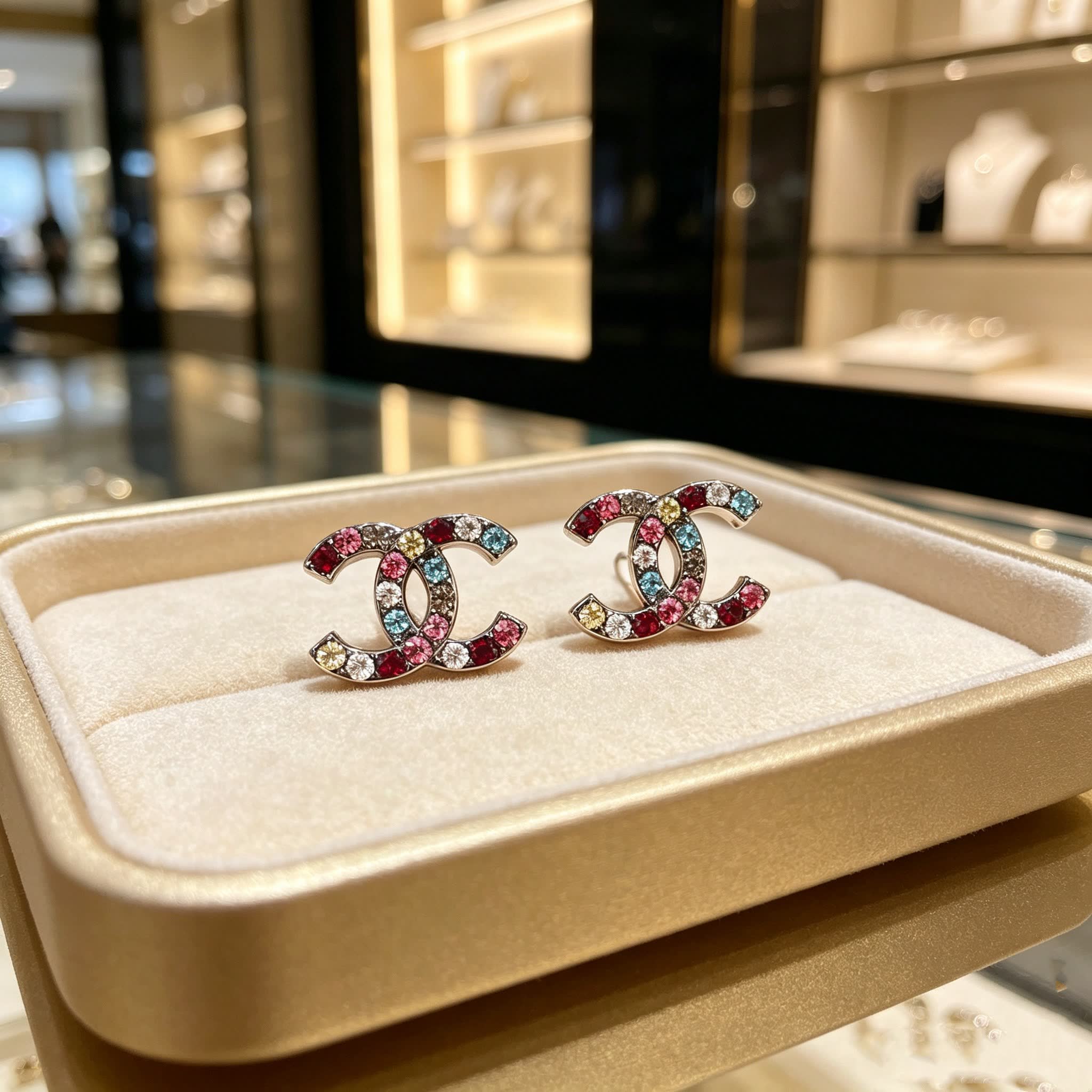 Chanel CC Logo Multicolor Crystal Earrings
