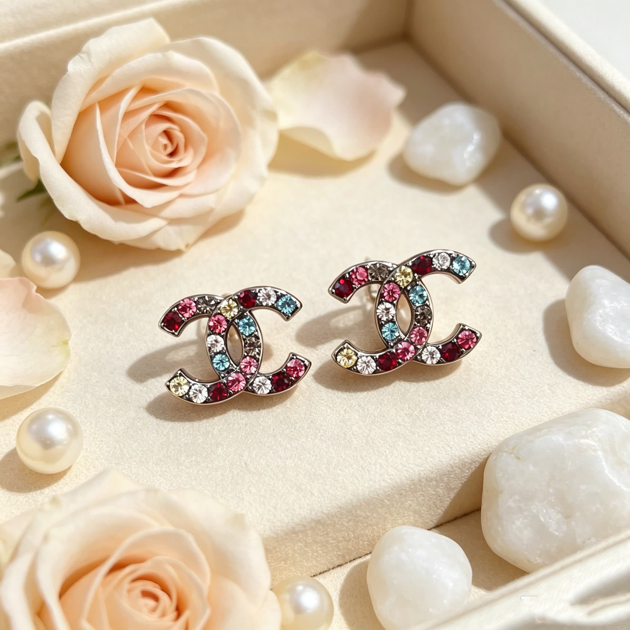 Chanel CC Logo Multicolor Crystal Earrings