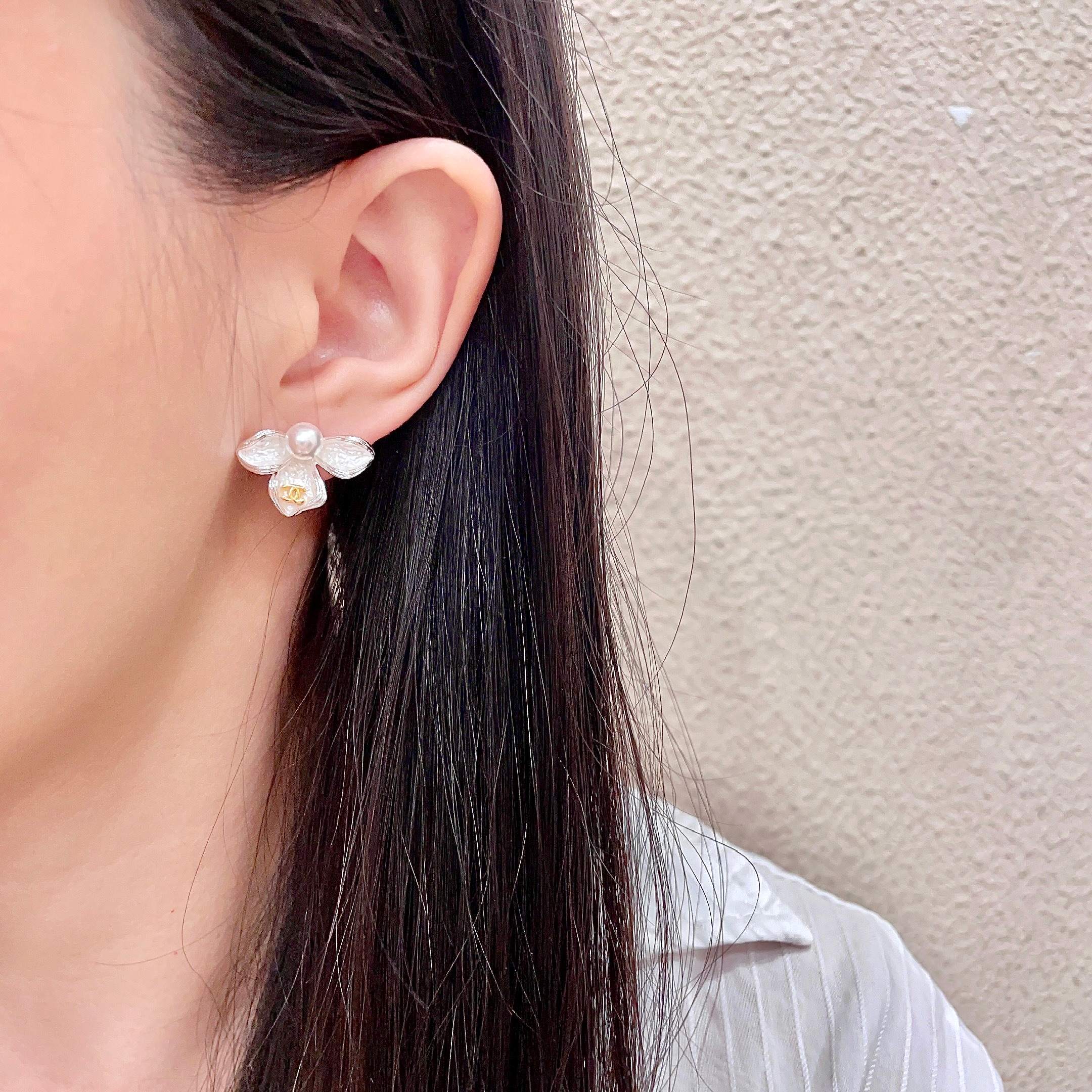 Chanel Silver Orchid Flower Earrings with Pearl