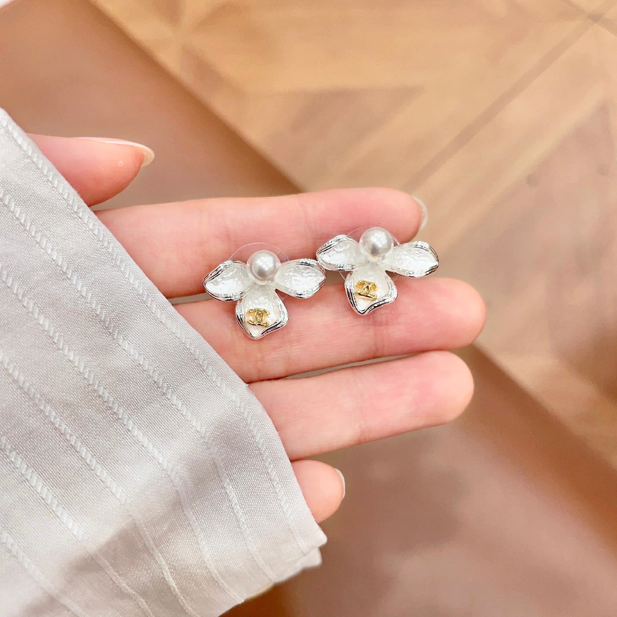 Chanel Silver Orchid Flower Earrings with Pearl