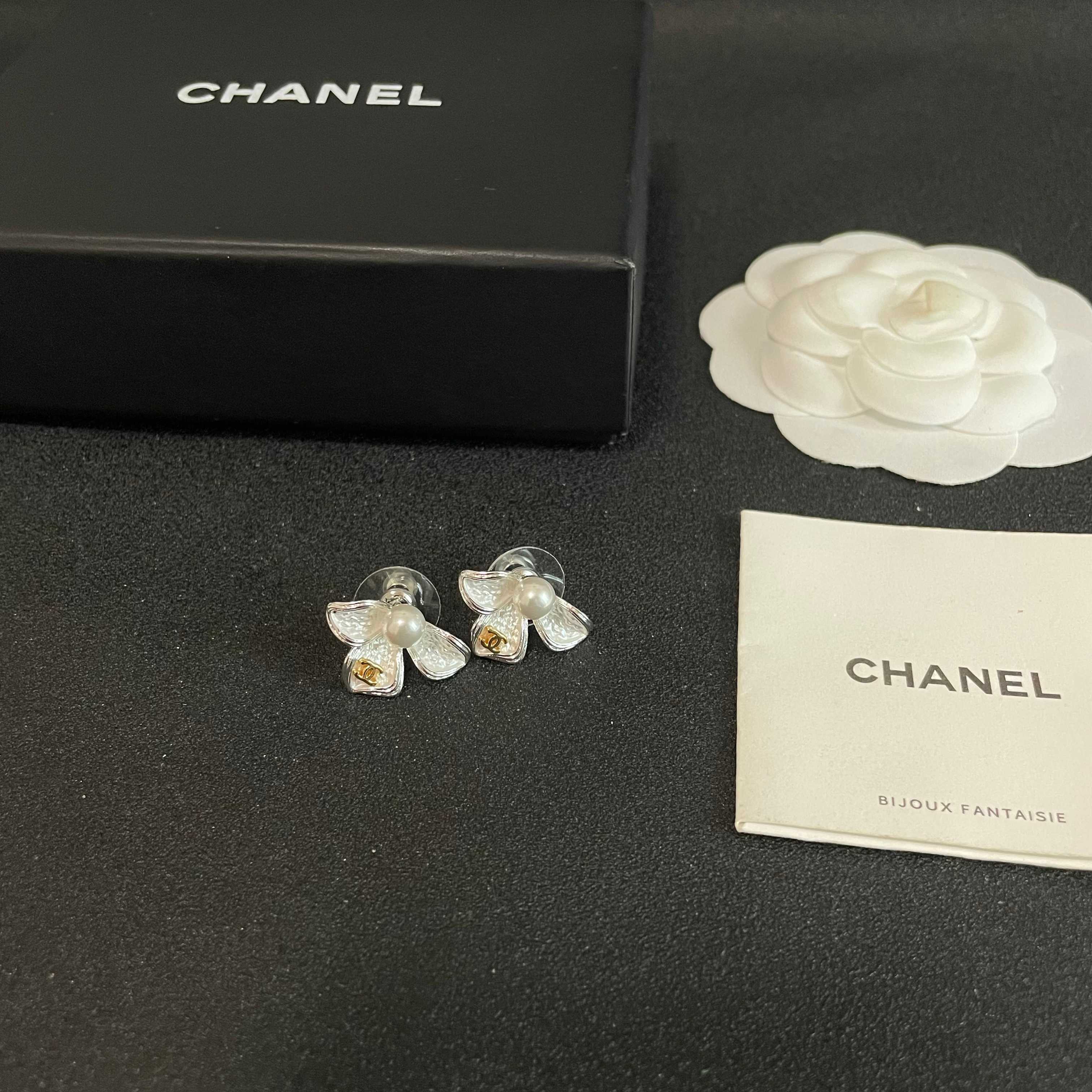 Chanel Silver Orchid Flower Earrings with Pearl