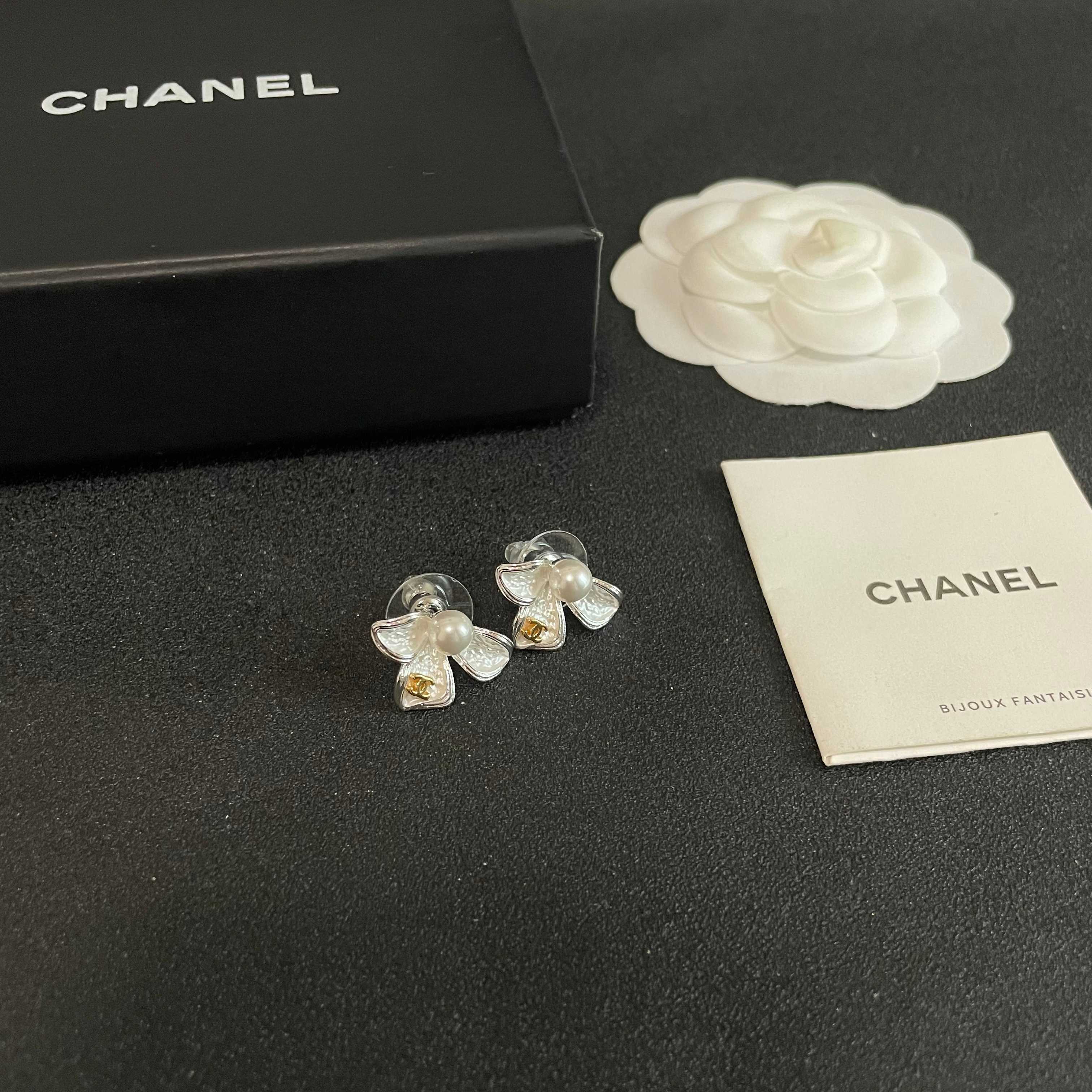 Chanel Silver Orchid Flower Earrings with Pearl
