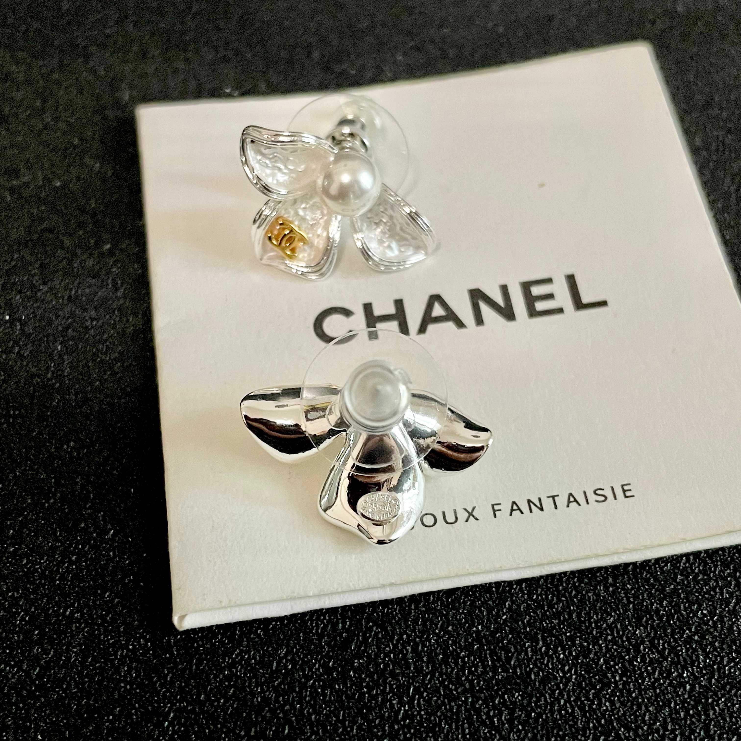 Chanel Silver Orchid Flower Earrings with Pearl