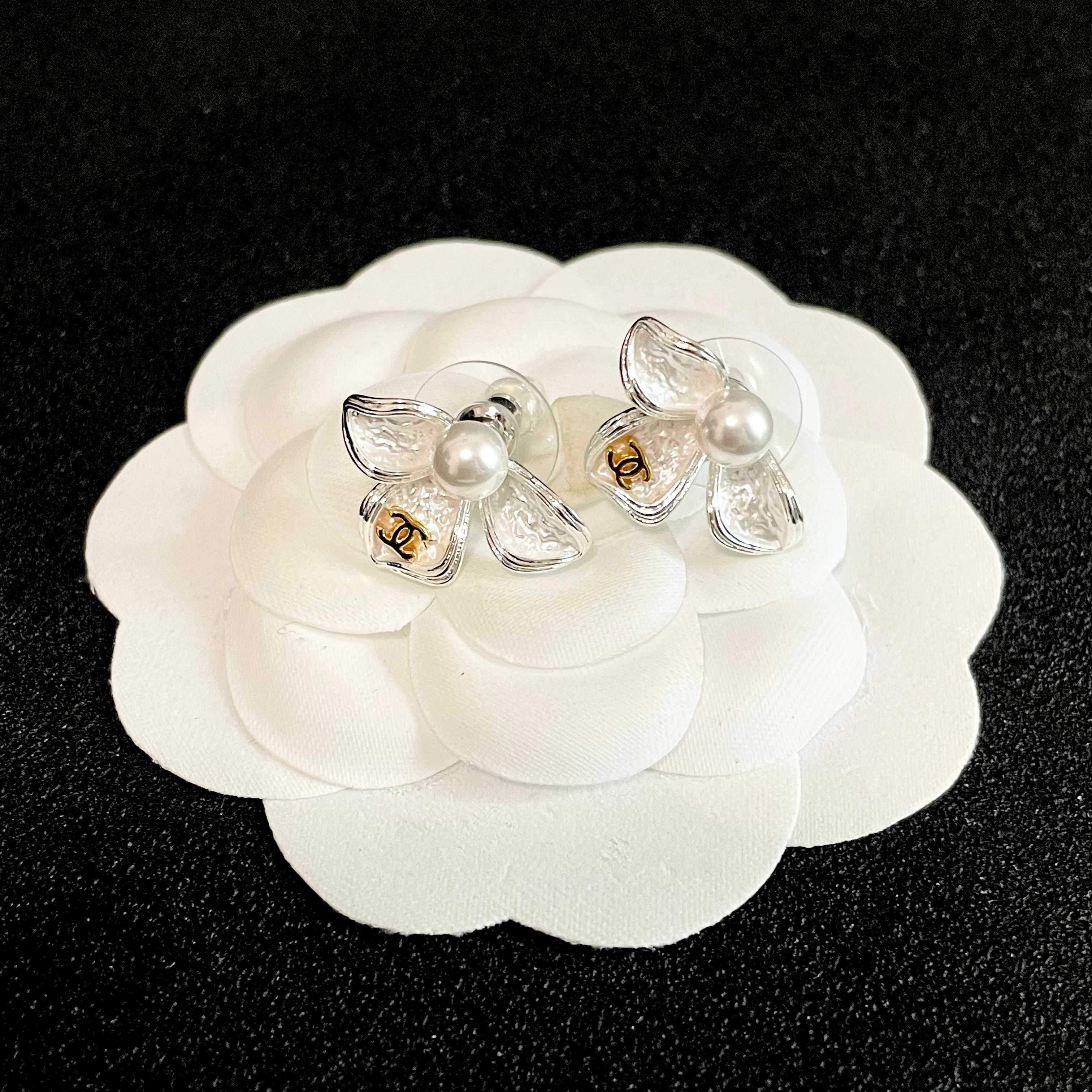 Chanel Silver Orchid Flower Earrings with Pearl
