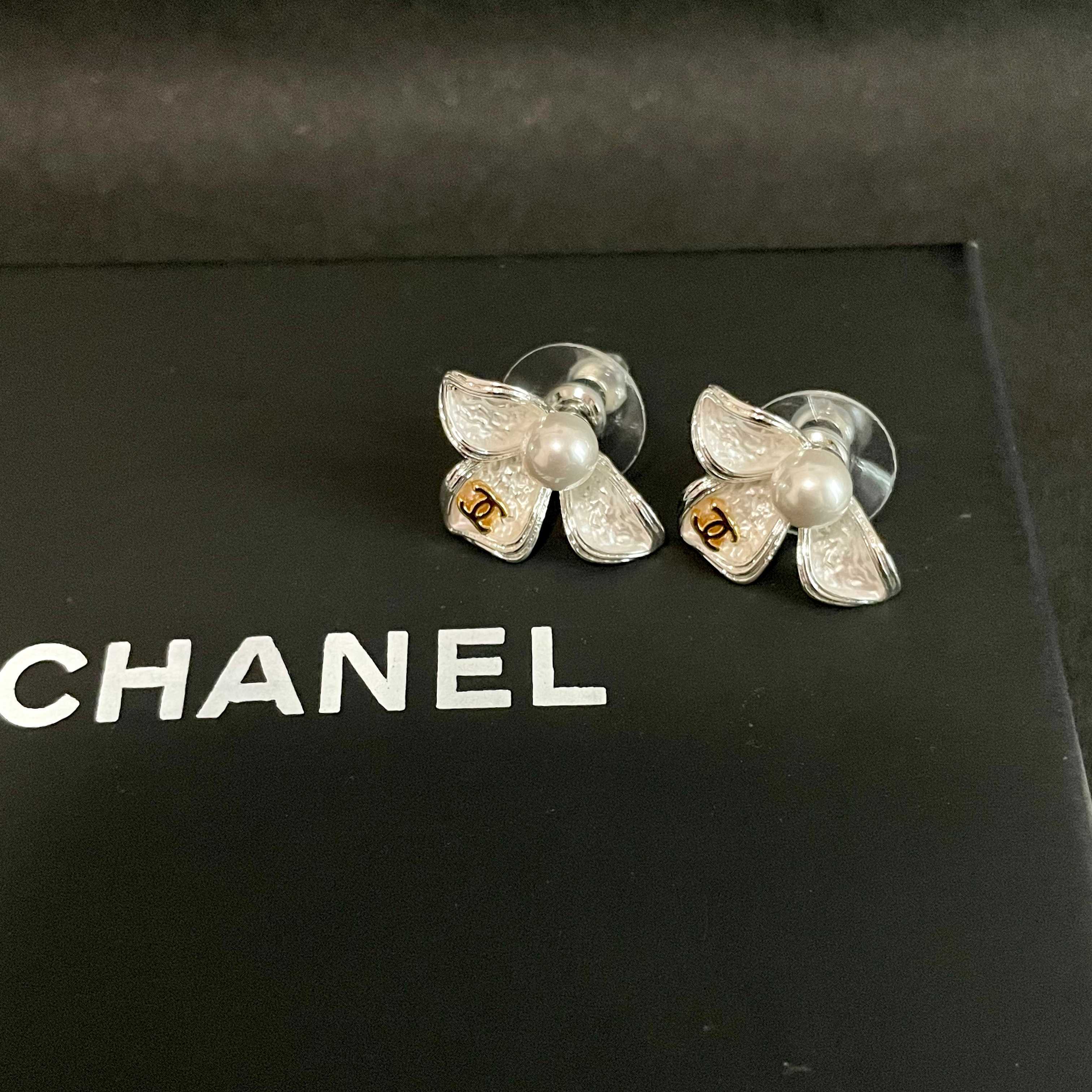 Chanel Silver Orchid Flower Earrings with Pearl