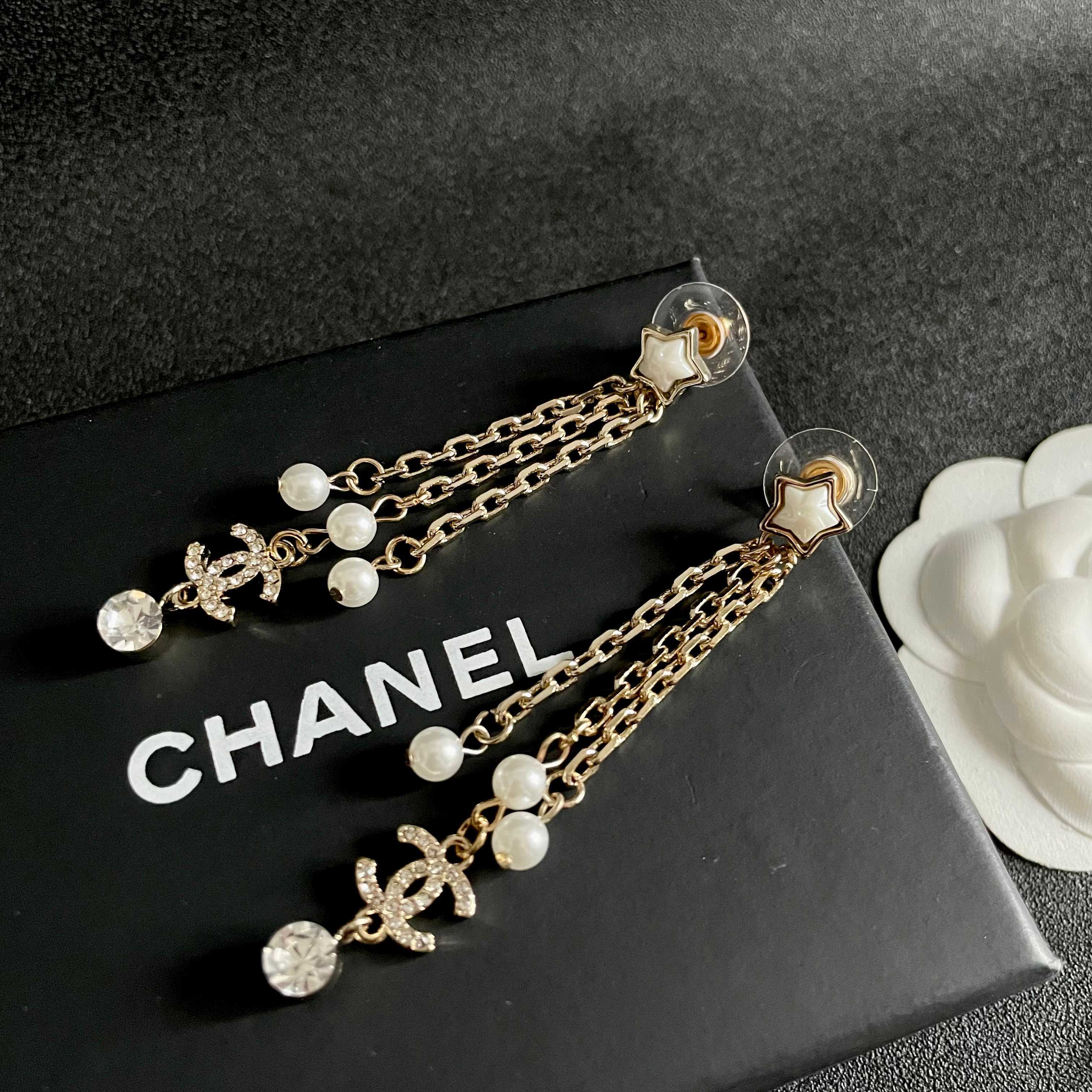 Chanel Star and CC Logo Pearl Earrings
