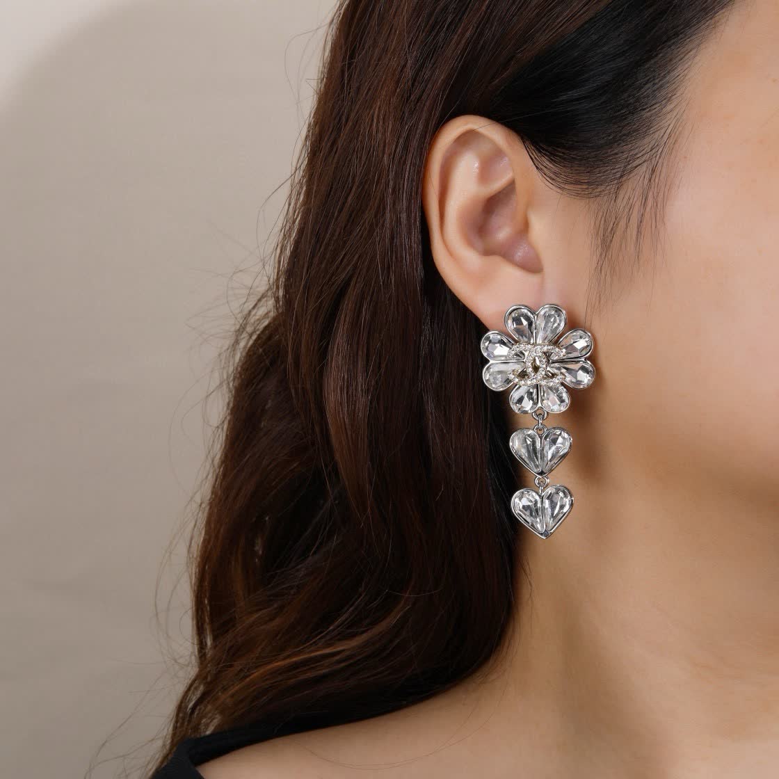 Chanel Elegant Silver Flower and Heart Drop Earrings Chanel Elegant Silver Flower and Heart Drop Earrings