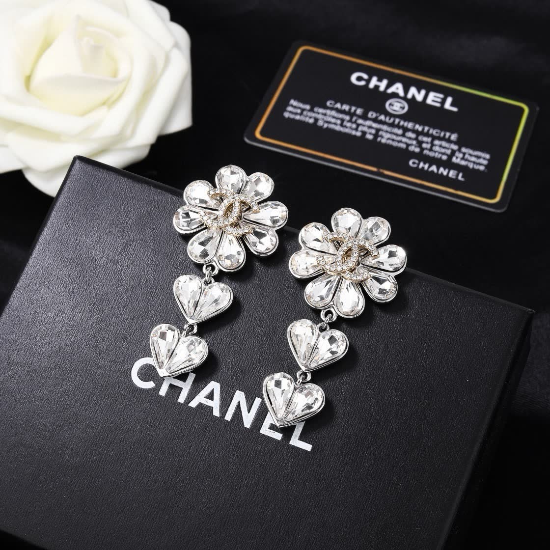 Chanel Elegant Silver Flower and Heart Drop Earrings