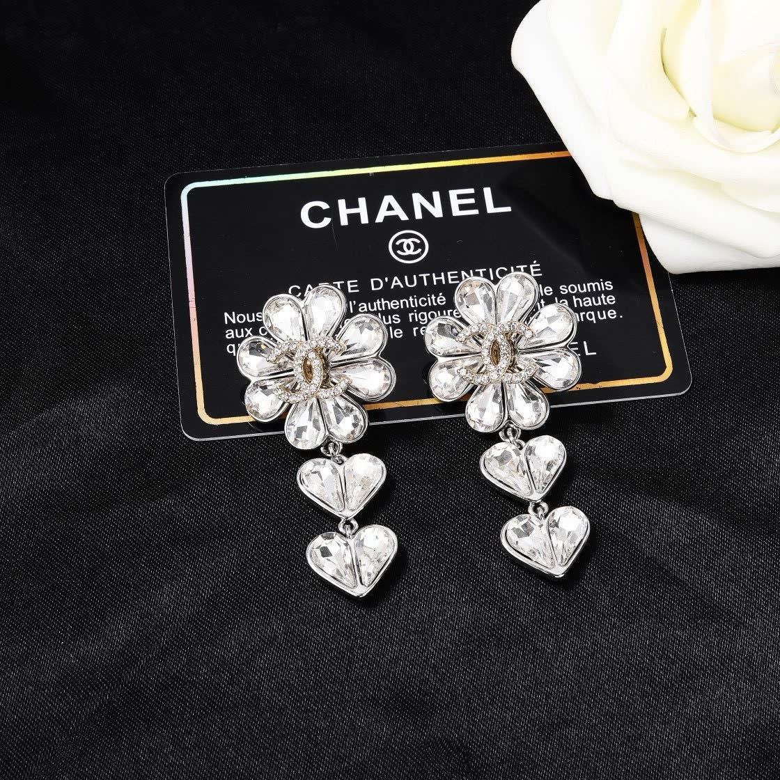 Chanel Elegant Silver Flower and Heart Drop Earrings